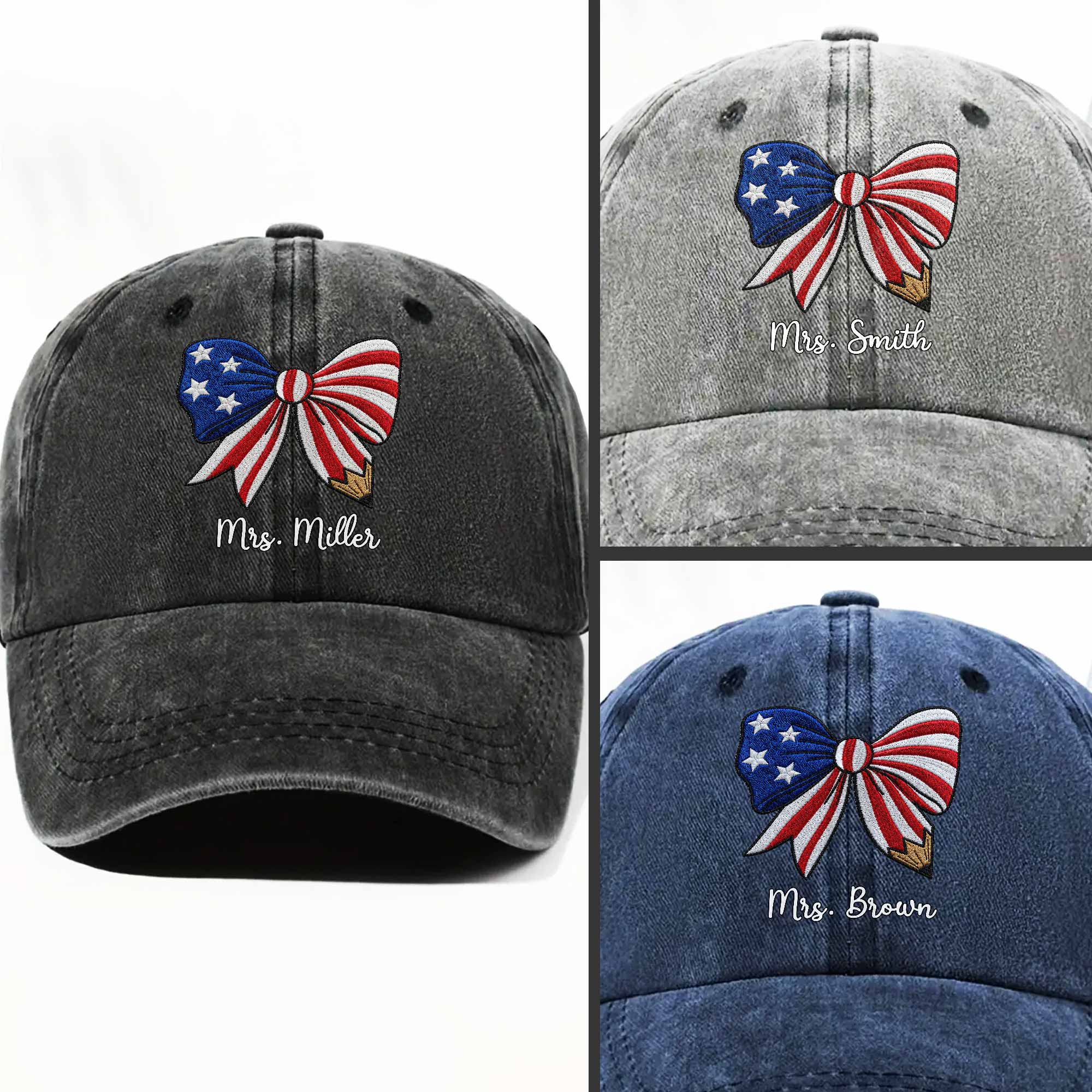 Personalized American Flag Teacher Denim Cap Custom Name Gift Washed Denim Cap GradoCreations