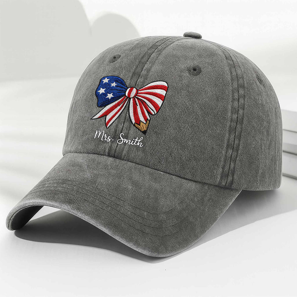 Personalized American Flag Teacher Denim Cap Custom Name Gift Washed Denim Cap GradoCreations