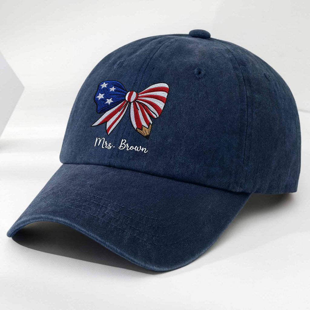 Personalized American Flag Teacher Denim Cap Custom Name Gift Washed Denim Cap GradoCreations