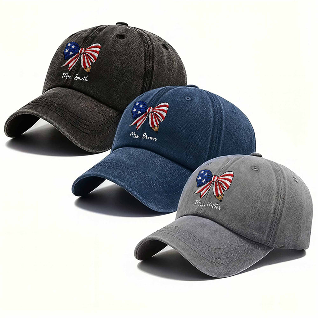 Personalized American Flag Teacher Denim Cap Custom Name Gift Washed Denim Cap GradoCreations