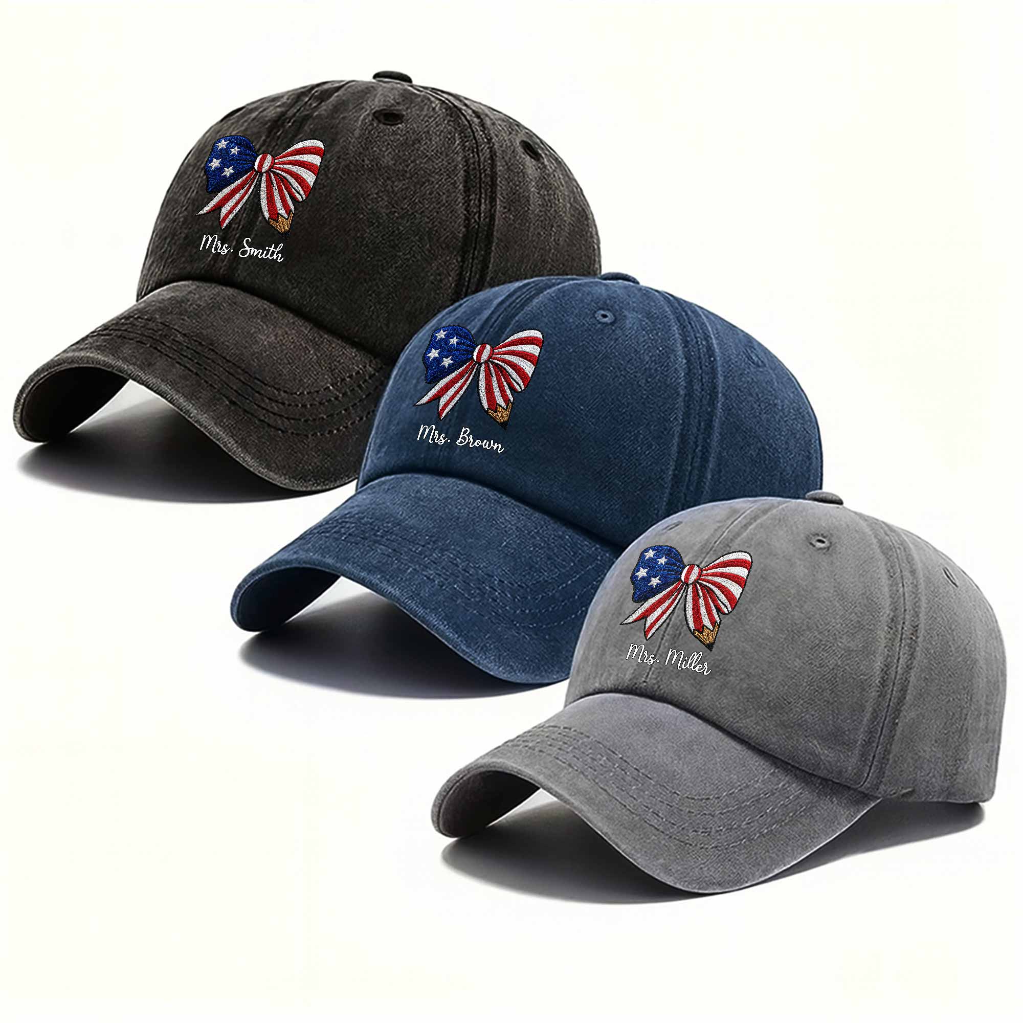 Personalized American Flag Teacher Denim Cap Custom Name Gift Washed Denim Cap GradoCreations