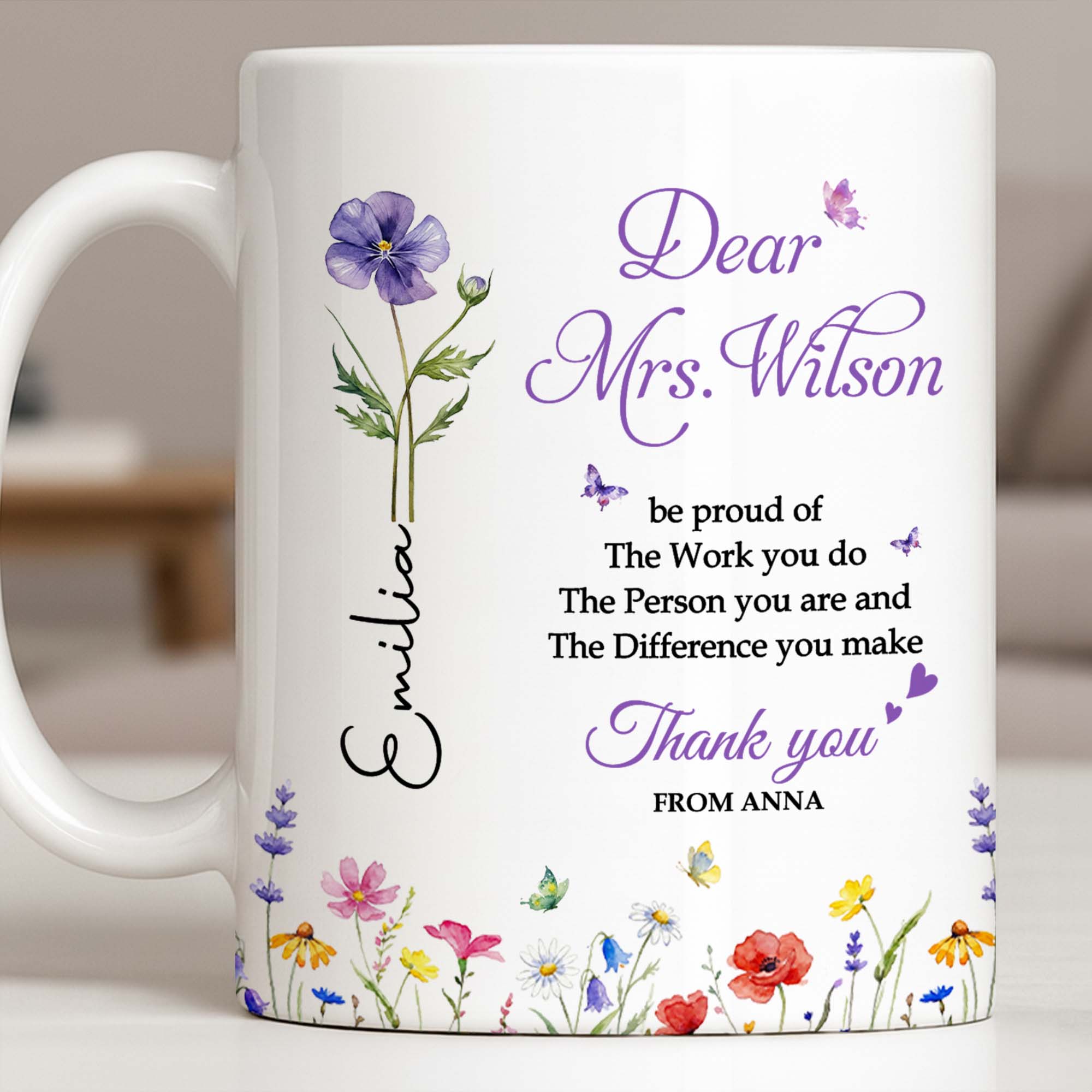 Personalized Floral Thank You Coffee Mug Custom Gift for Teacher Edge-to-edge Mug GradoCreations