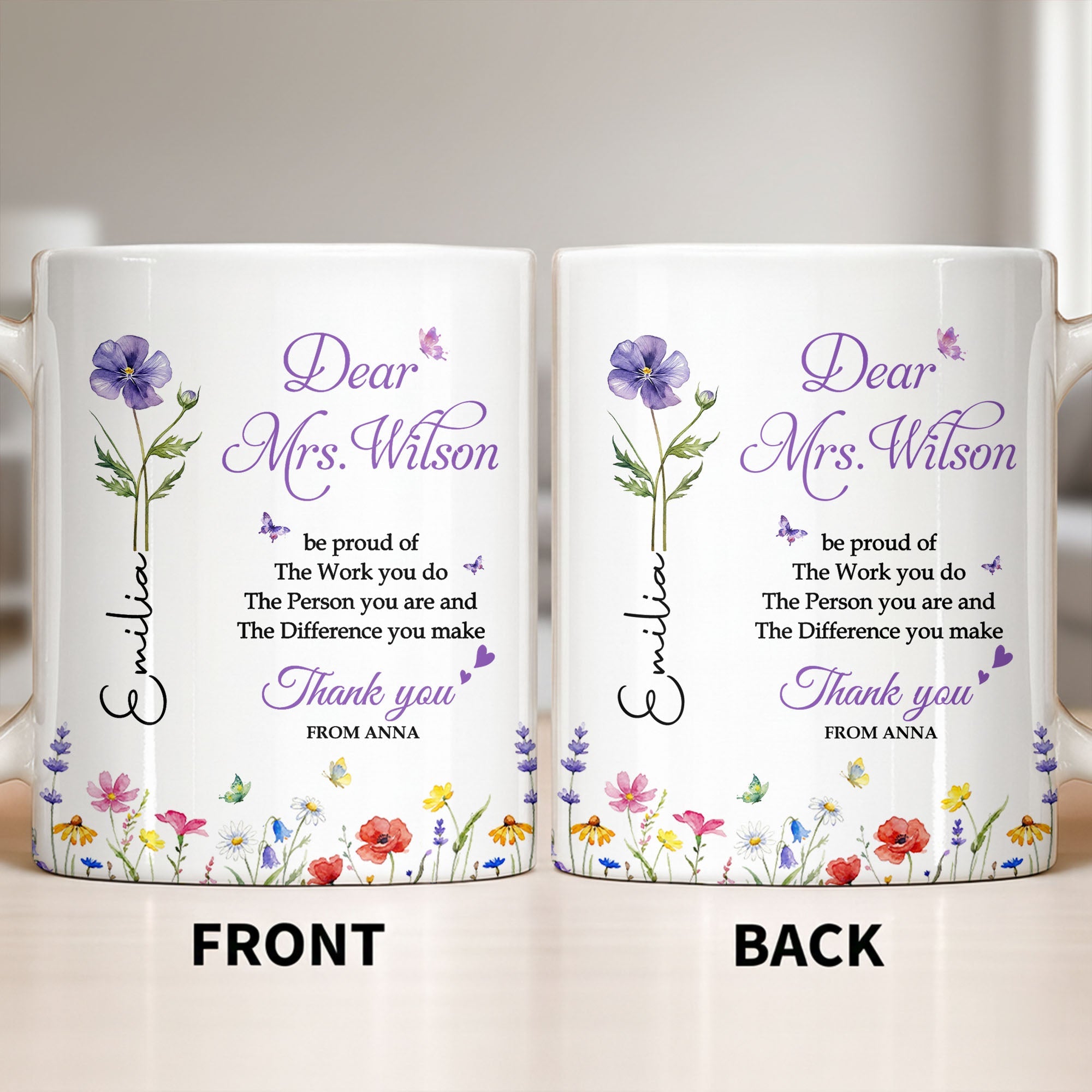 Personalized Floral Thank You Coffee Mug Custom Gift for Teacher Edge-to-edge Mug GradoCreations