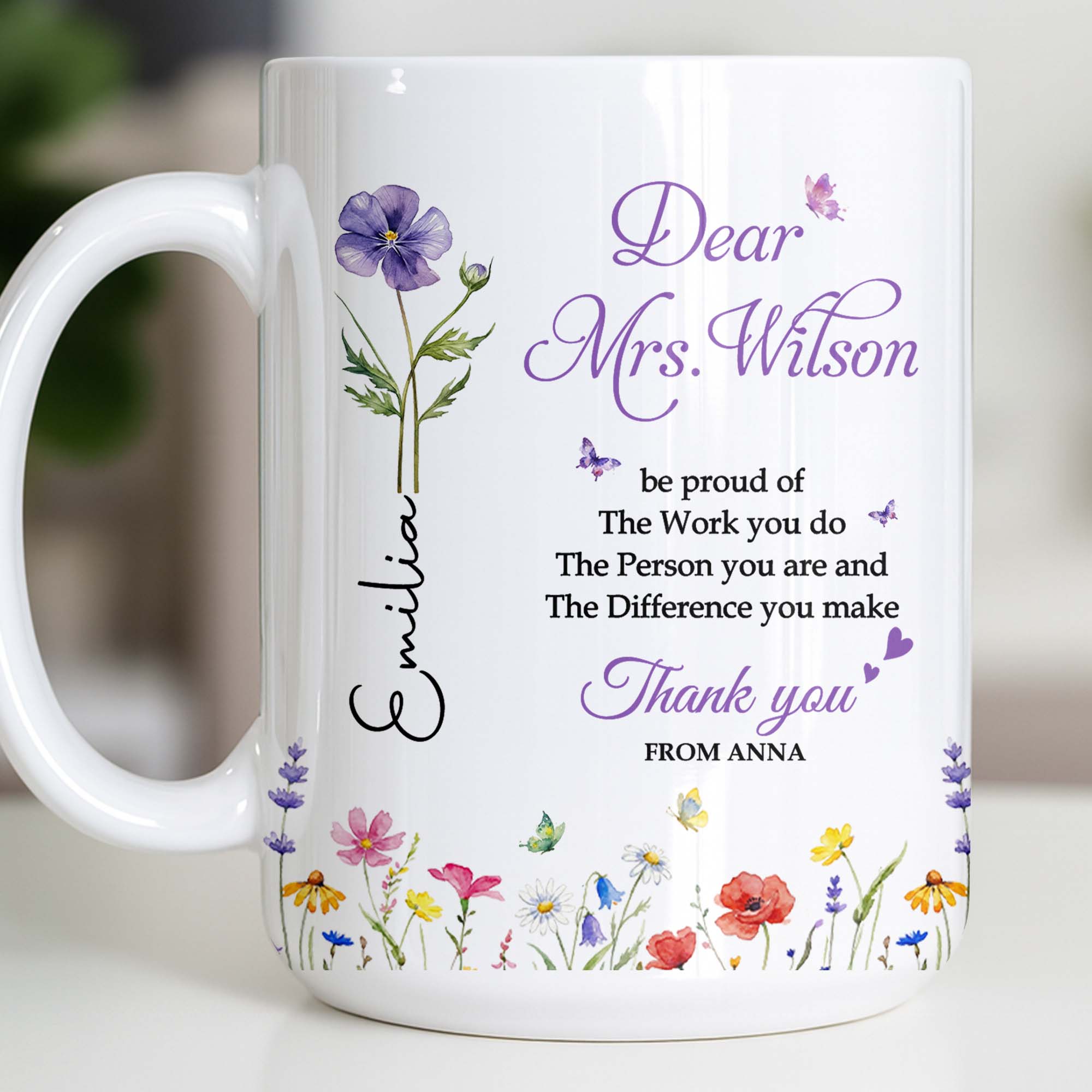 Personalized Floral Thank You Coffee Mug Custom Gift for Teacher Edge-to-edge Mug GradoCreations
