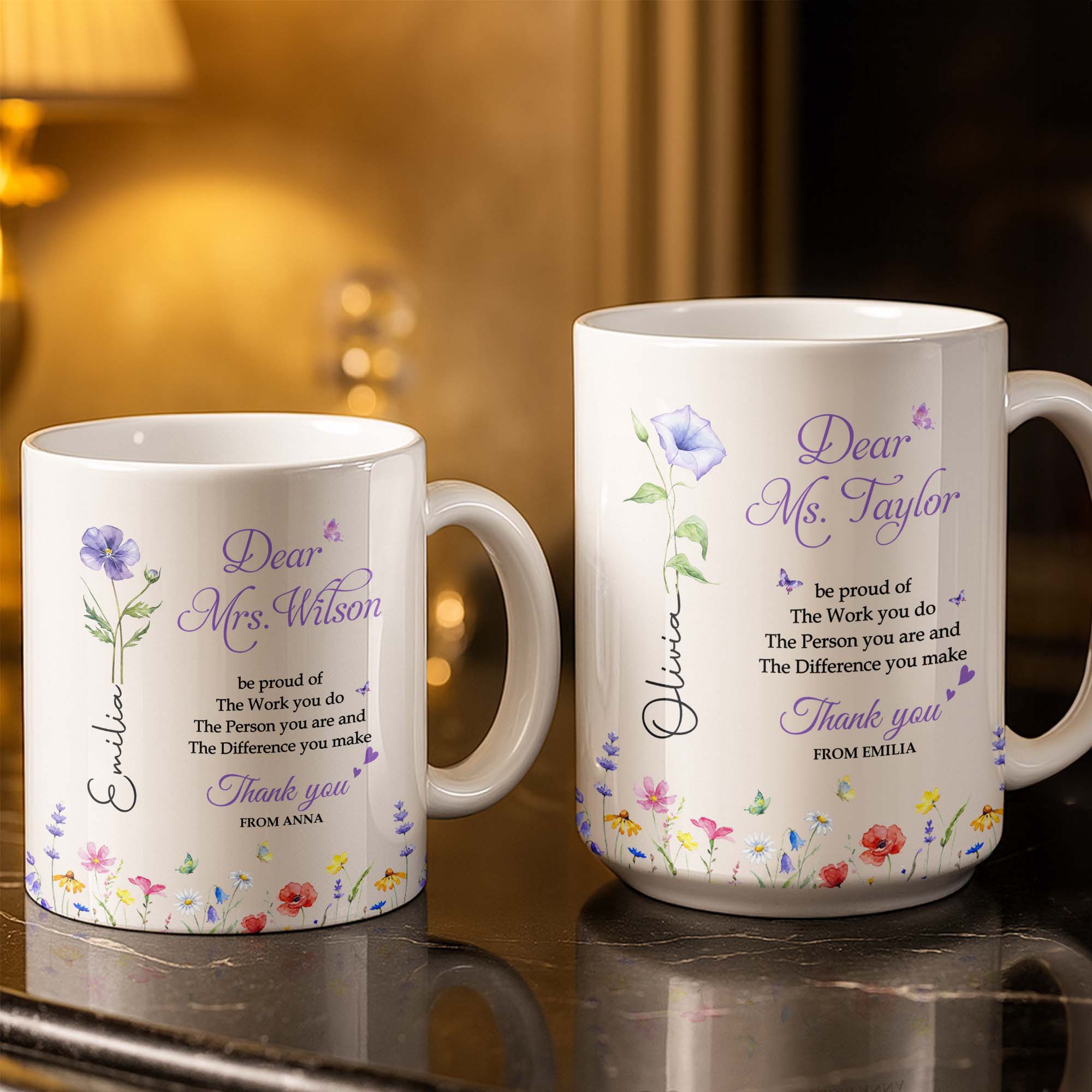 Personalized Floral Thank You Coffee Mug Custom Gift for Teacher Edge-to-edge Mug GradoCreations