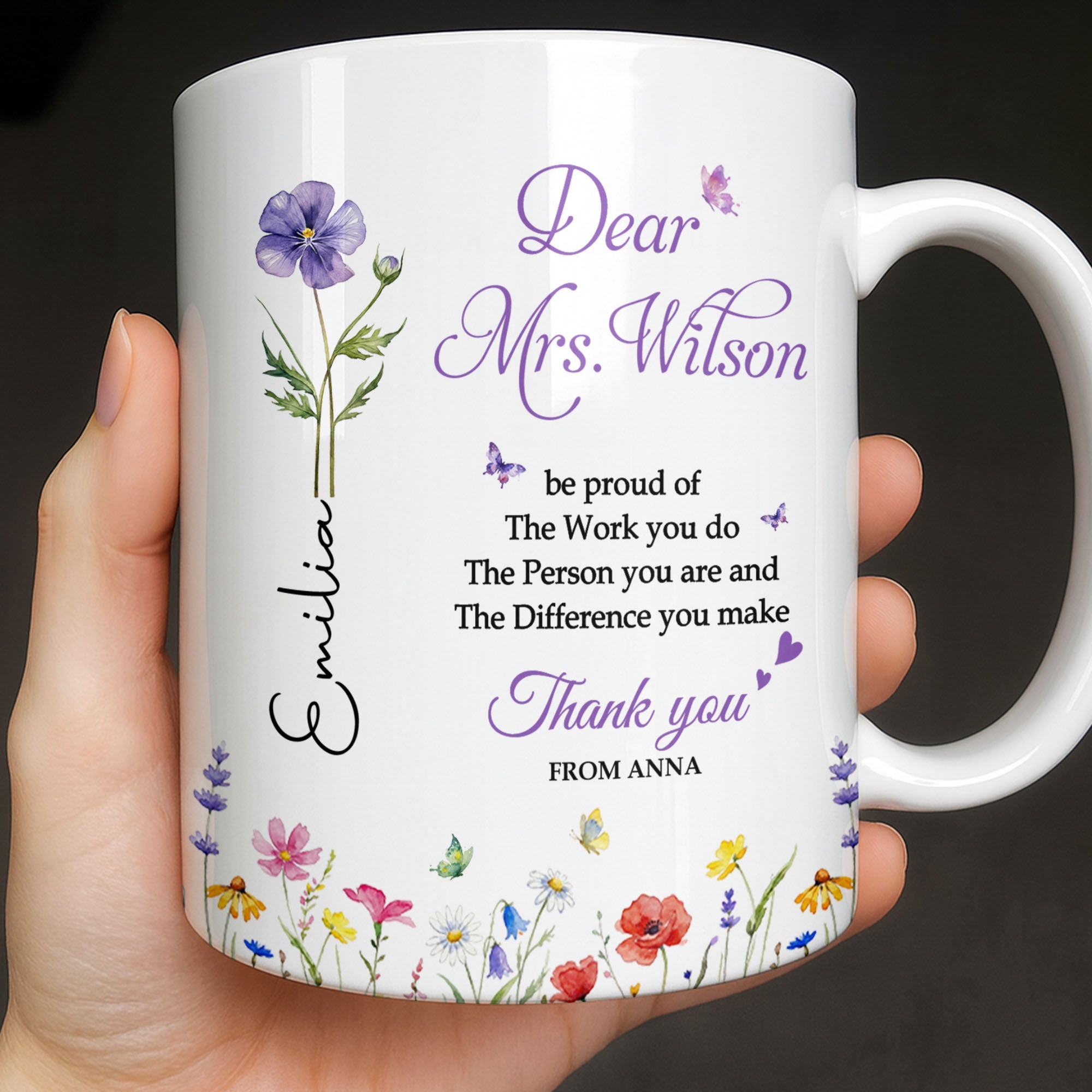 Personalized Floral Thank You Coffee Mug Custom Gift for Teacher Edge-to-edge Mug GradoCreations