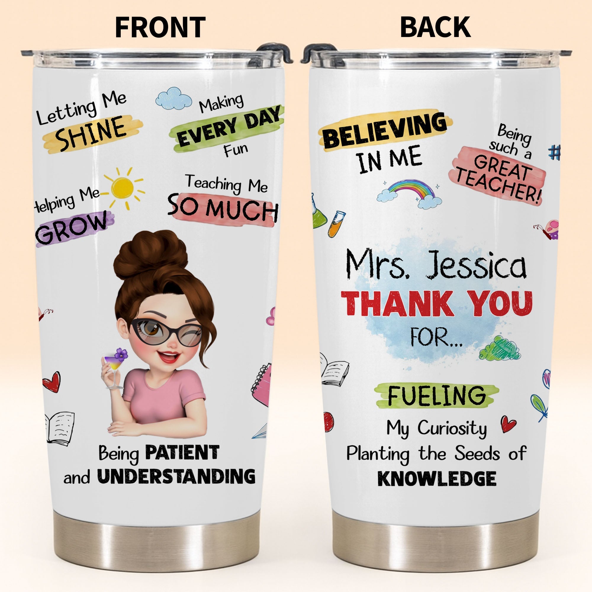 Personalized Stainless Steel Tumbler Custom Teacher Gift 20oz 30oz Tumbler GradoCreations