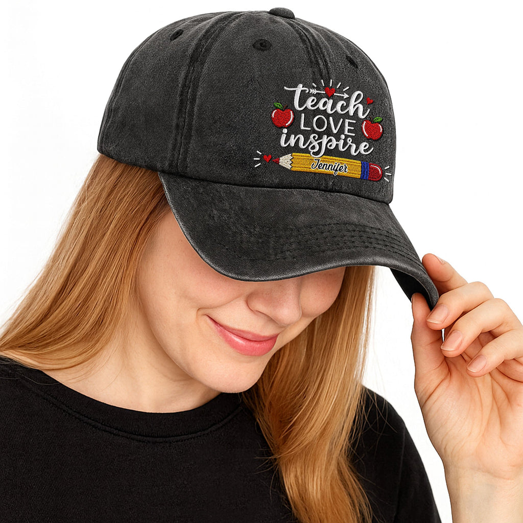 Personalized Washed Denim Cap Teach Love Inspire Gift for Teacher Washed Denim Cap GradoCreations
