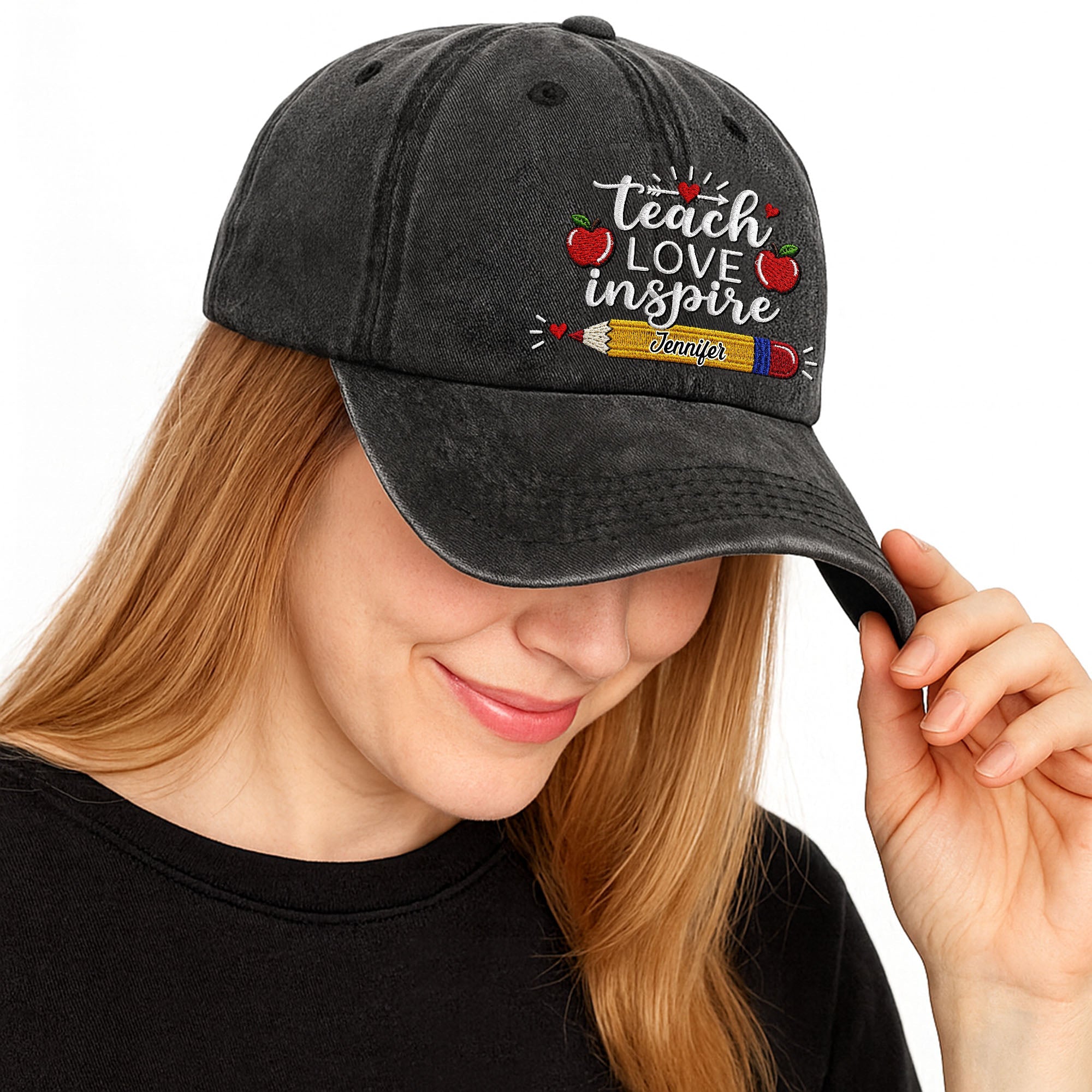 Personalized Washed Denim Cap Teach Love Inspire Gift for Teacher Washed Denim Cap GradoCreations