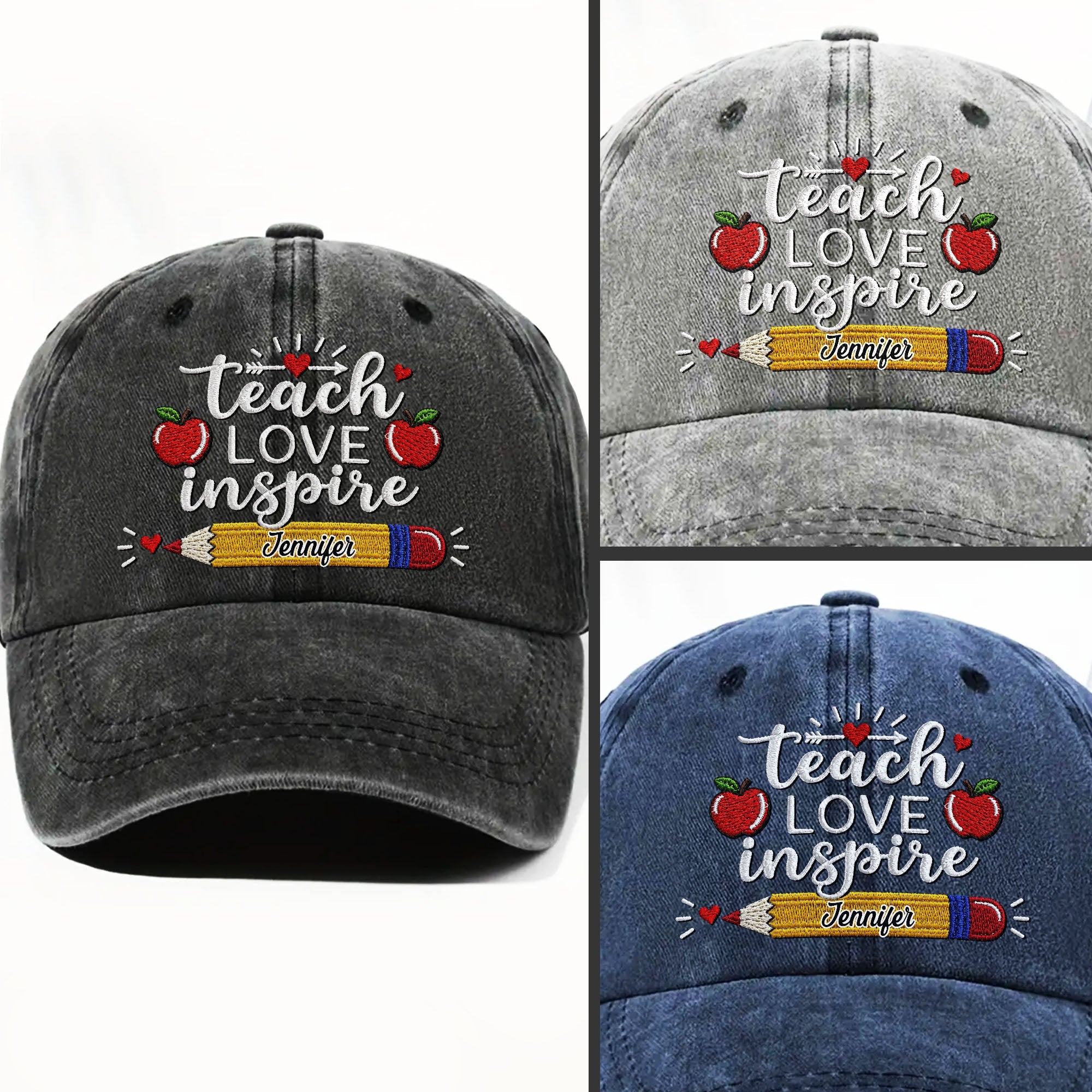 Personalized Washed Denim Cap Teach Love Inspire Gift for Teacher Washed Denim Cap GradoCreations