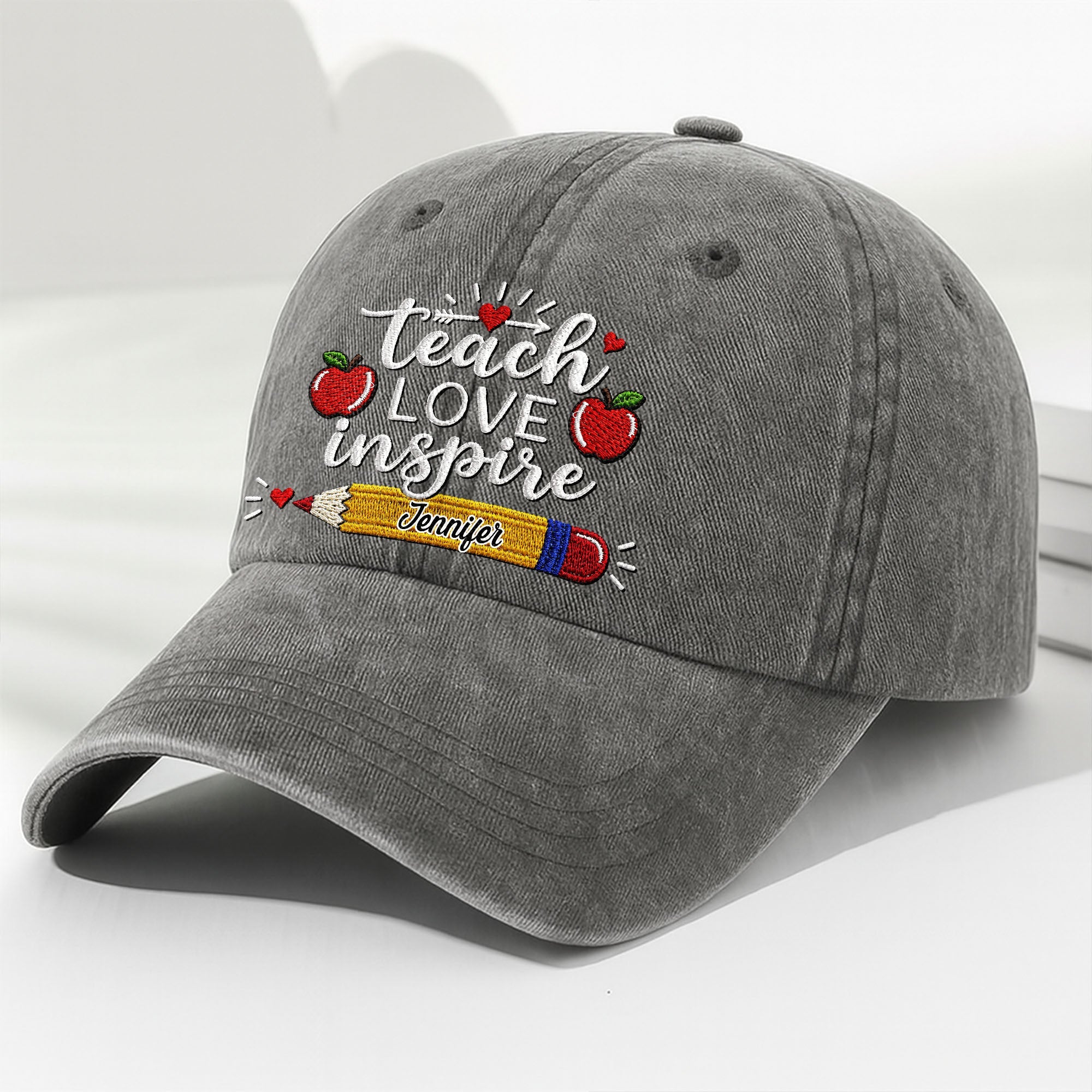 Personalized Washed Denim Cap Teach Love Inspire Gift for Teacher Washed Denim Cap GradoCreations