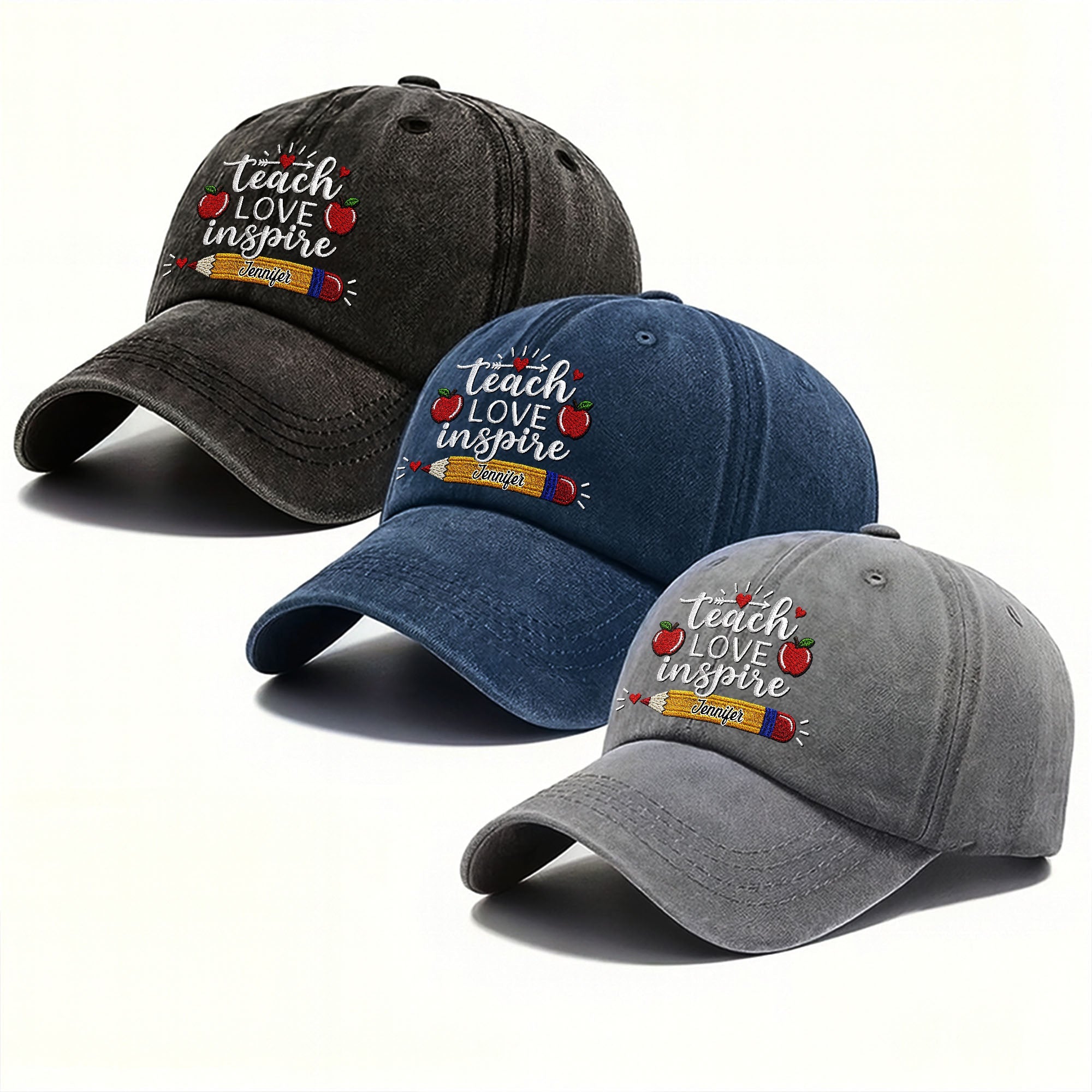 Personalized Washed Denim Cap Teach Love Inspire Gift for Teacher Washed Denim Cap GradoCreations