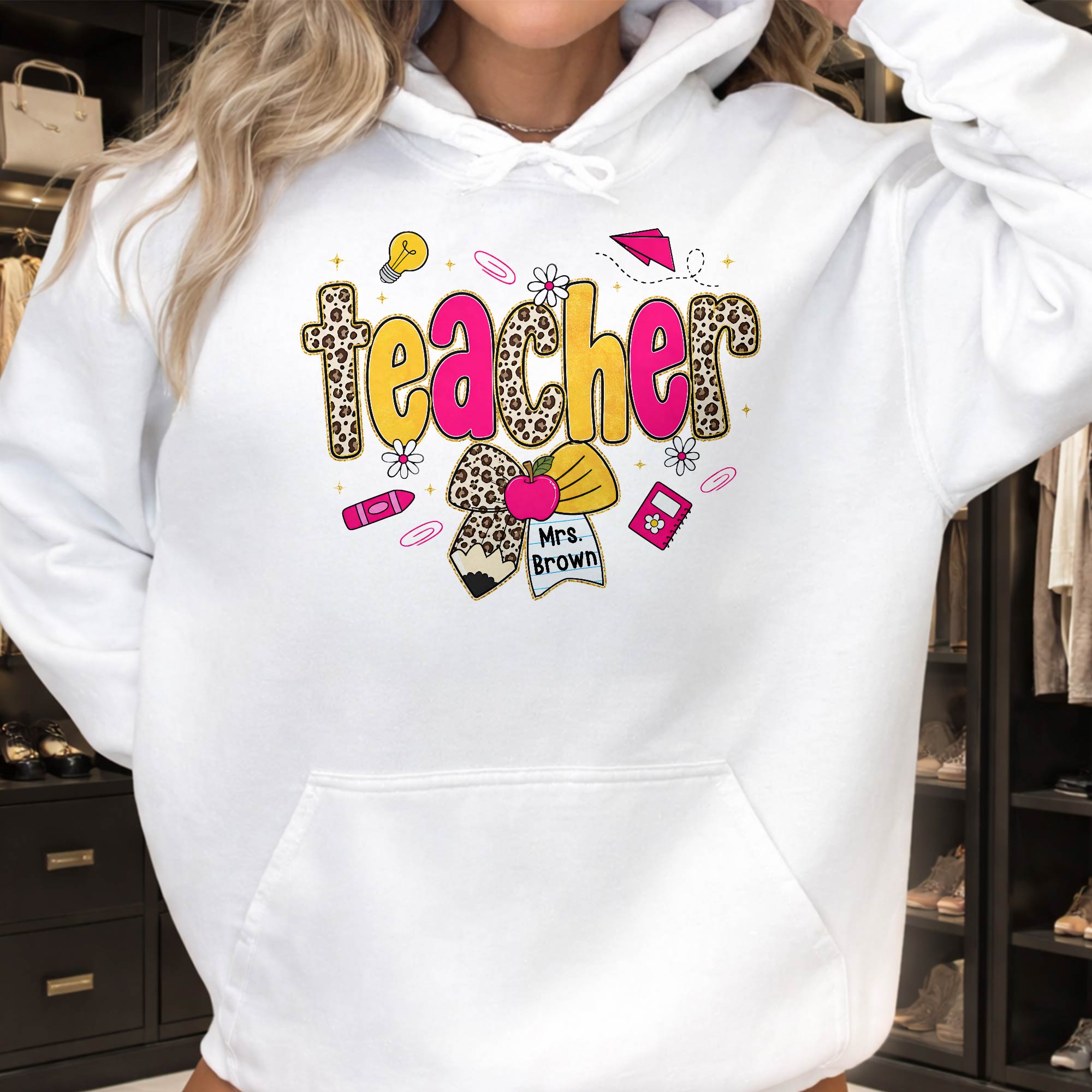 Personalized Teacher T-Shirt Hoodie Custom Name Leopard Print Gift Shirt GradoCreations