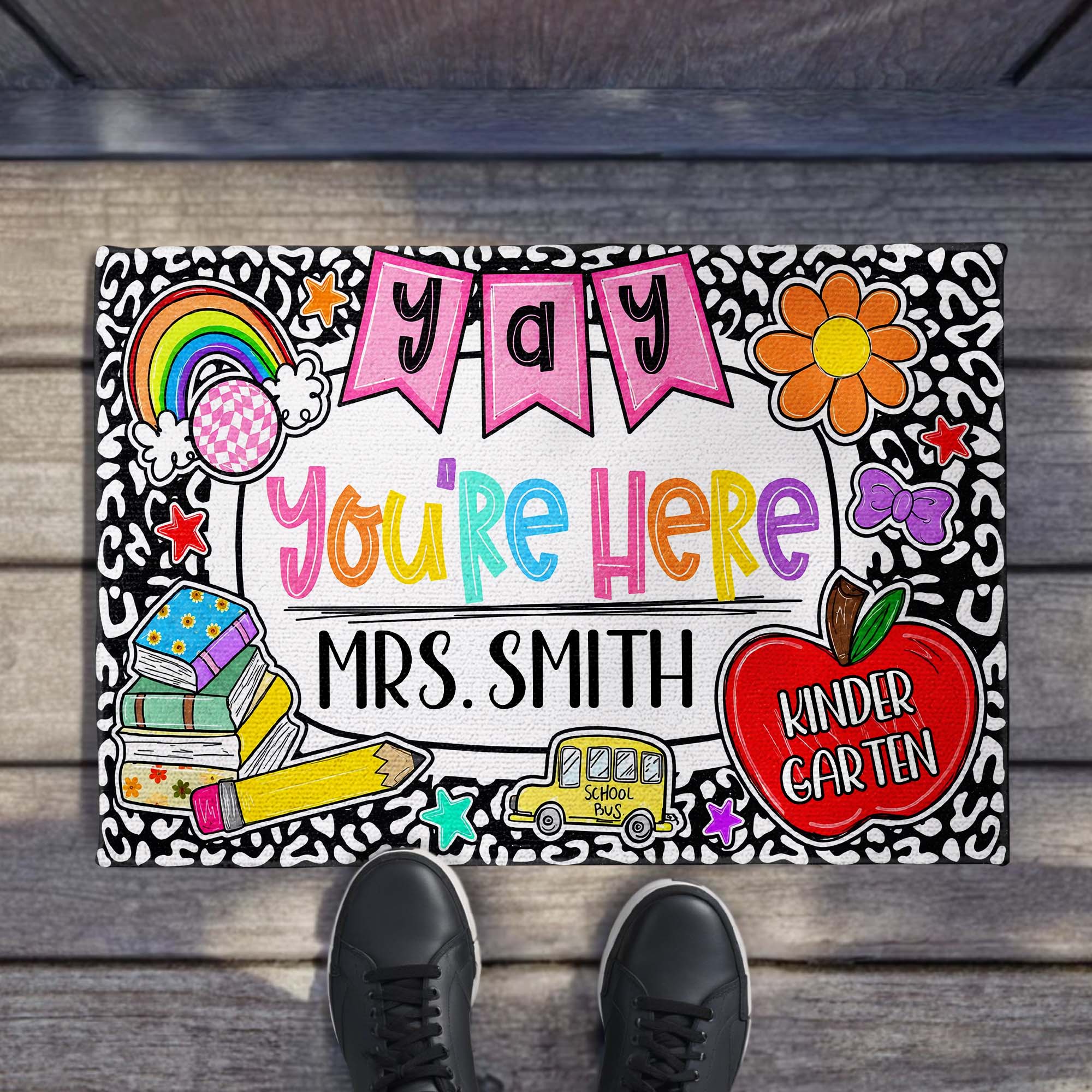 Personalized Teacher Doormat Custom Name Rainbow Apple Decor Doormat GradoCreations