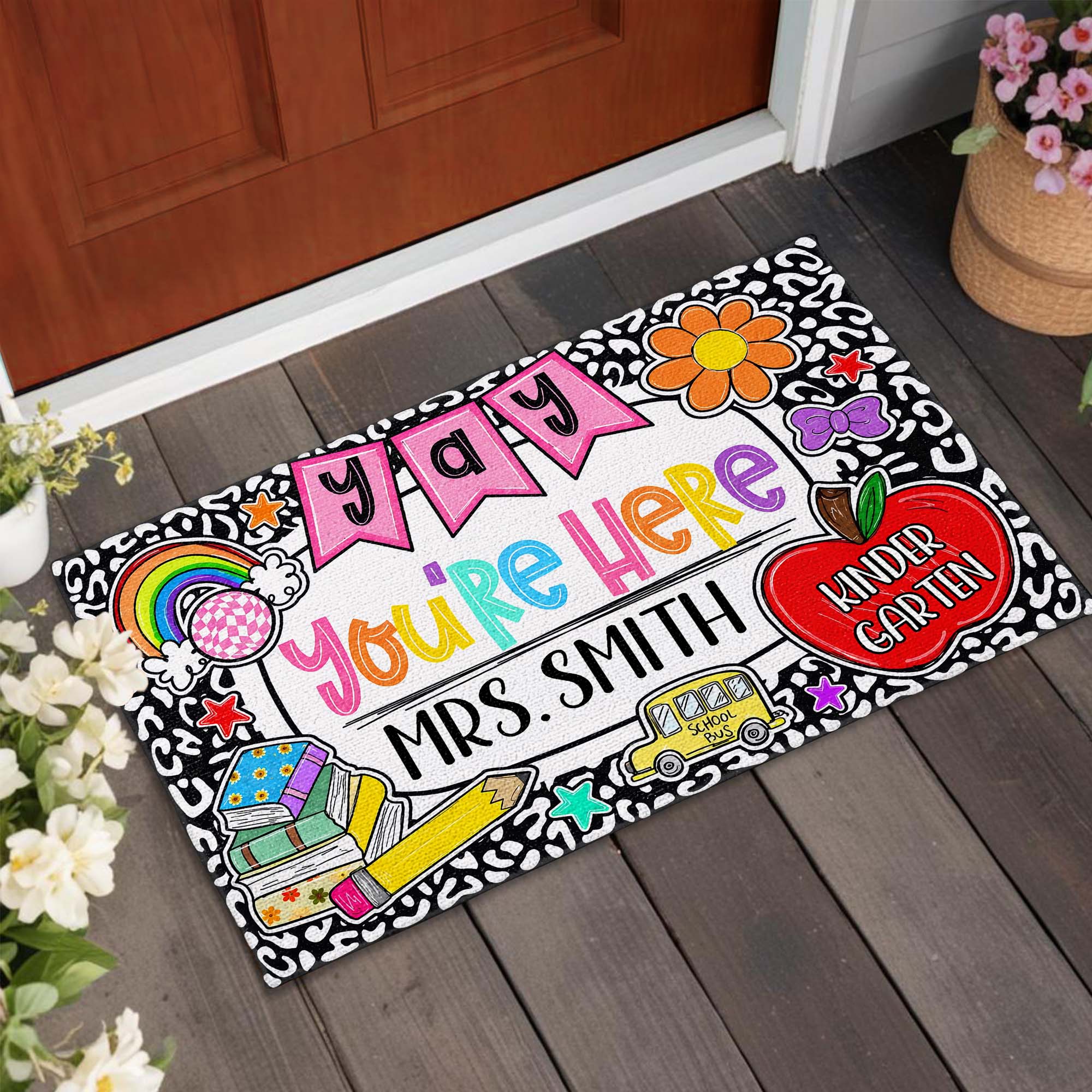 Personalized Teacher Doormat Custom Name Rainbow Apple Decor Doormat GradoCreations
