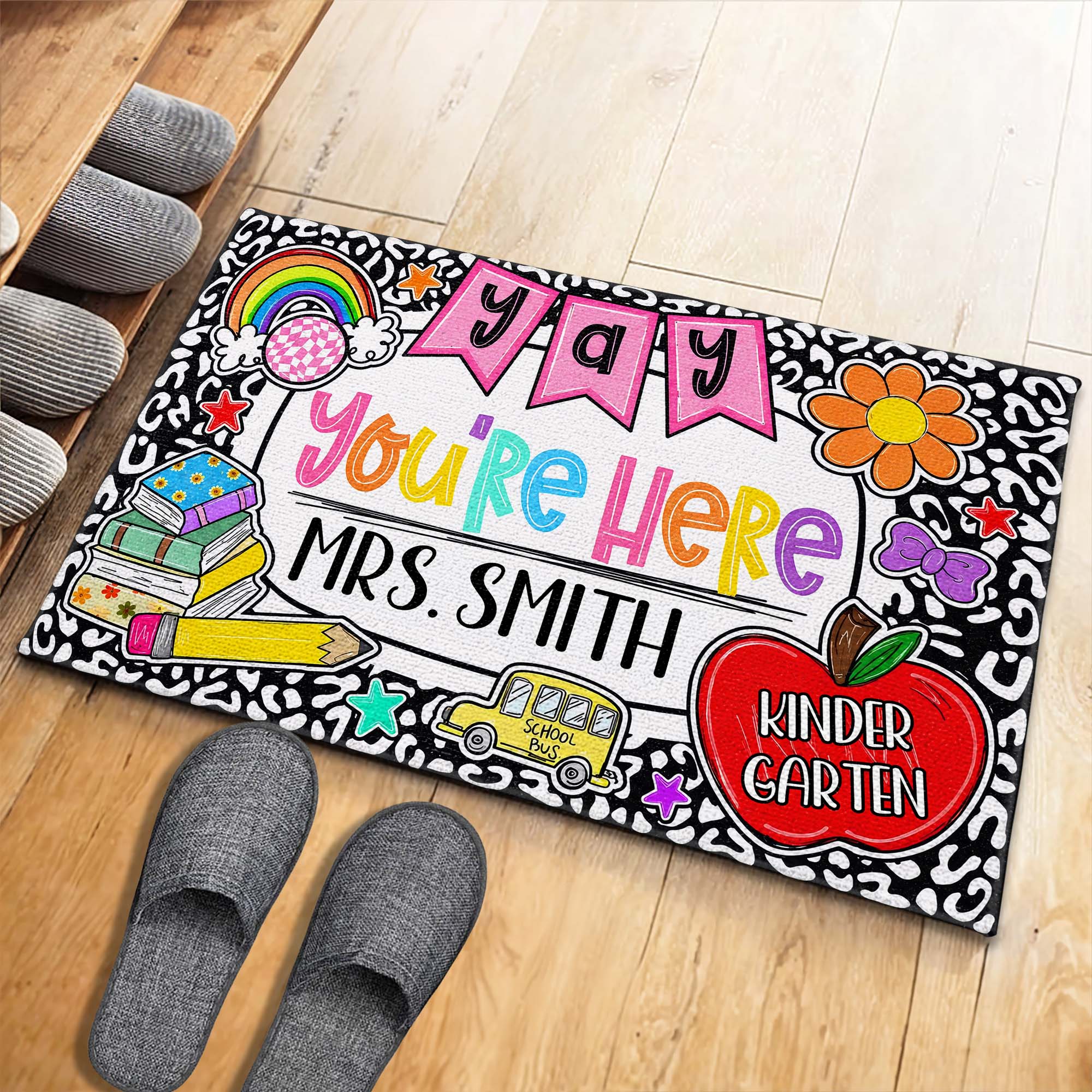 Personalized Teacher Doormat Custom Name Rainbow Apple Decor Doormat GradoCreations
