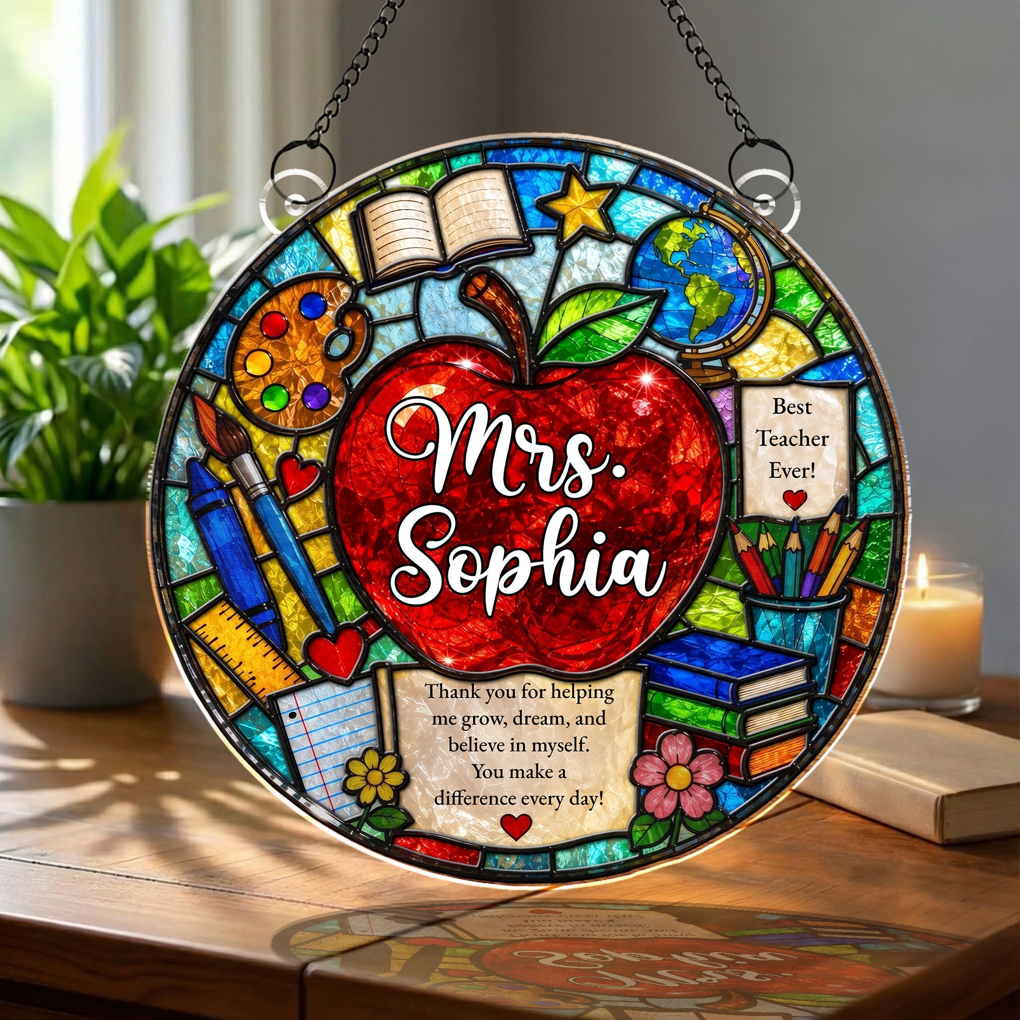 Personalized Stained Glass Apple Suncatcher Gift for Teacher