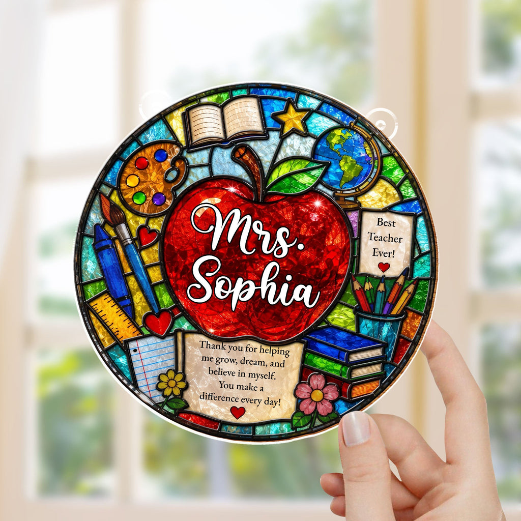 Personalized Stained Glass Apple Suncatcher Gift for Teacher
