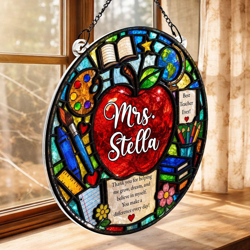 Personalized Stained Glass Apple Suncatcher Gift for Teacher