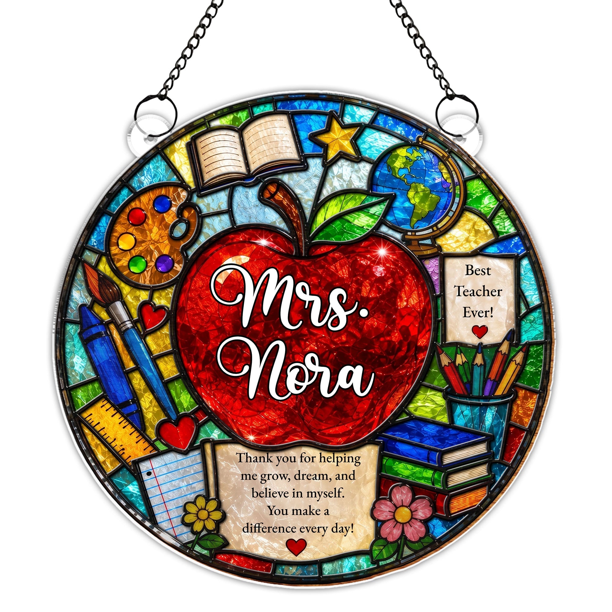 Personalized Stained Glass Apple Suncatcher Gift for Teacher