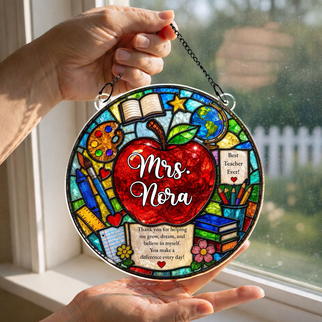 Personalized Stained Glass Apple Suncatcher Gift for Teacher
