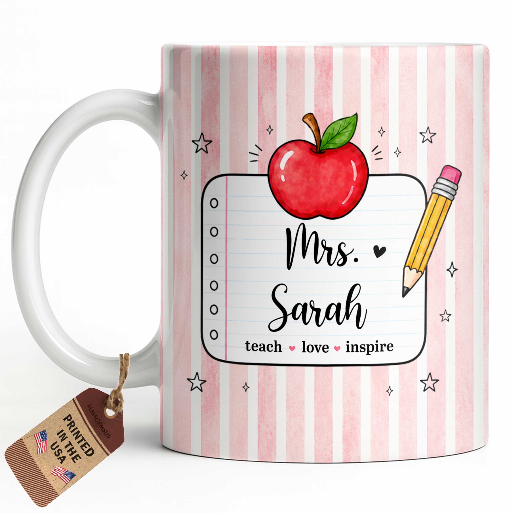 Personalized Teacher Coffee Mug Red Apple Pencil Custom Gift Edge-to-edge Mug GradoCreations
