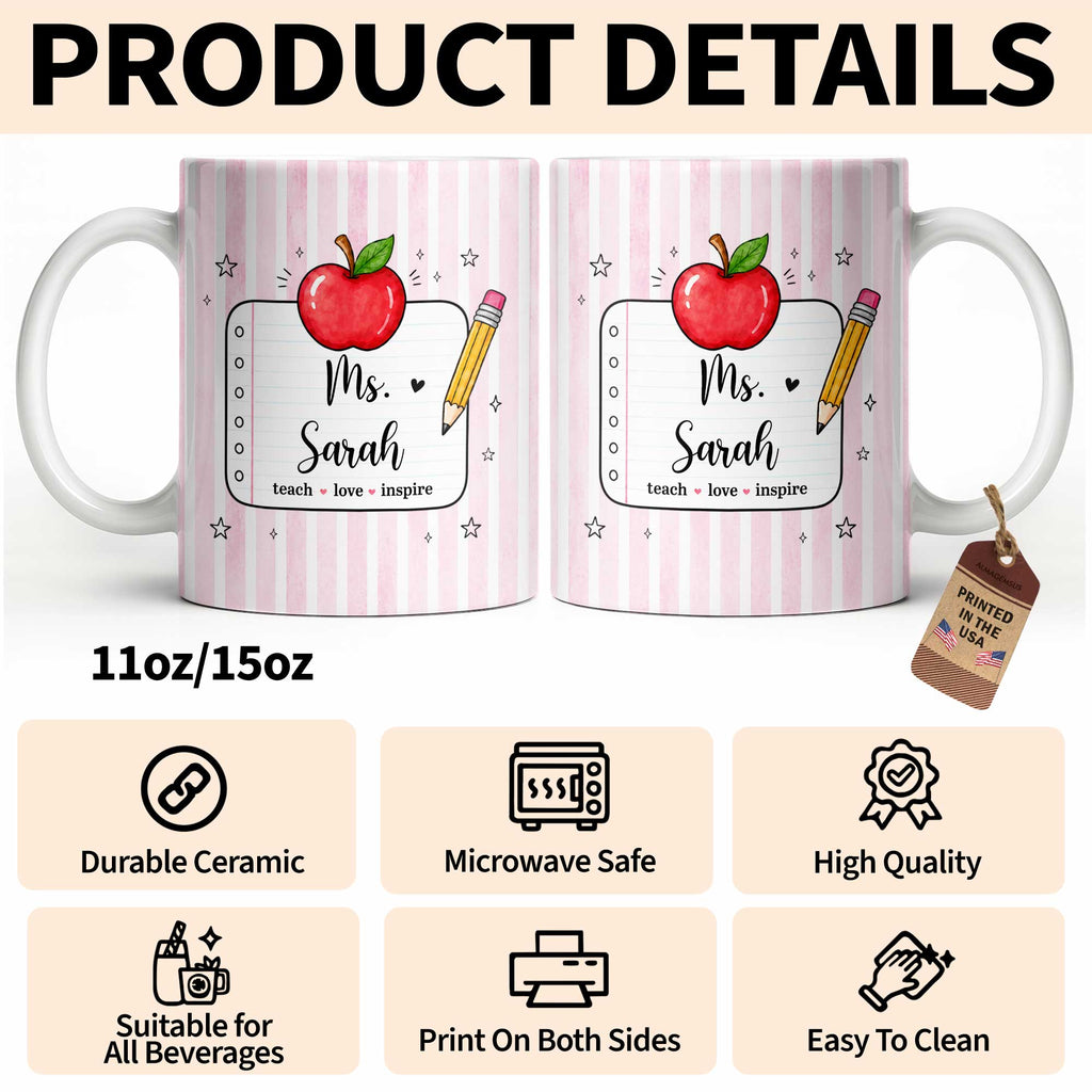 Personalized Teacher Coffee Mug Red Apple Pencil Custom Gift Edge-to-edge Mug GradoCreations
