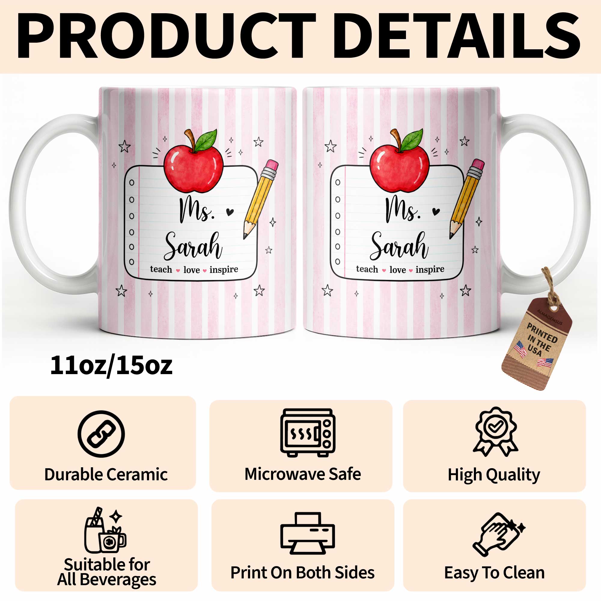 Personalized Teacher Coffee Mug Red Apple Pencil Custom Gift Edge-to-edge Mug GradoCreations