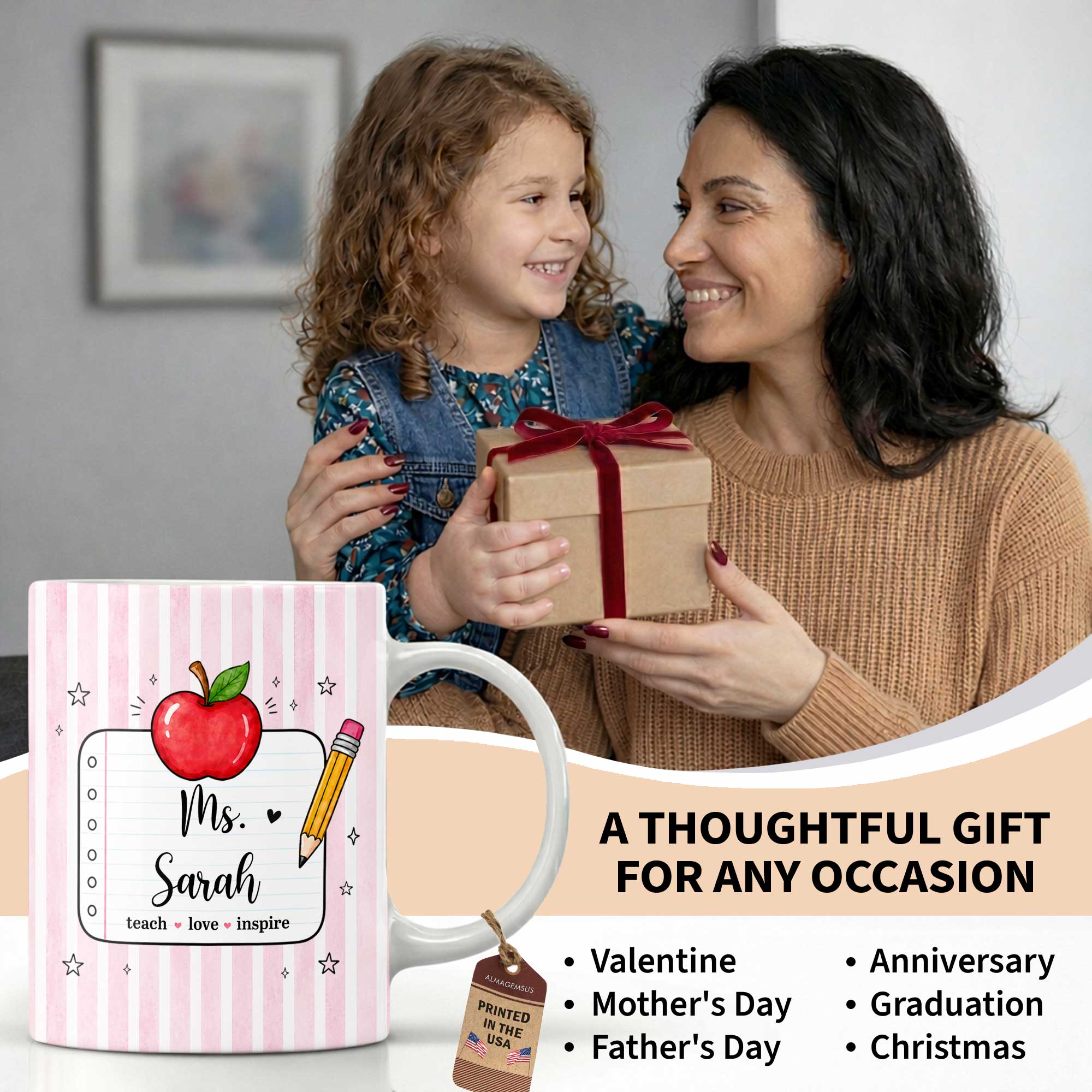 Personalized Teacher Coffee Mug Red Apple Pencil Custom Gift Edge-to-edge Mug GradoCreations