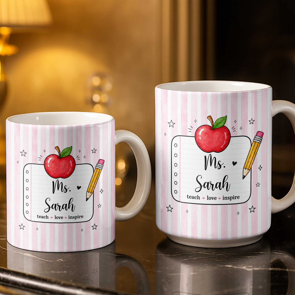 Personalized Teacher Coffee Mug Red Apple Pencil Custom Gift Edge-to-edge Mug GradoCreations