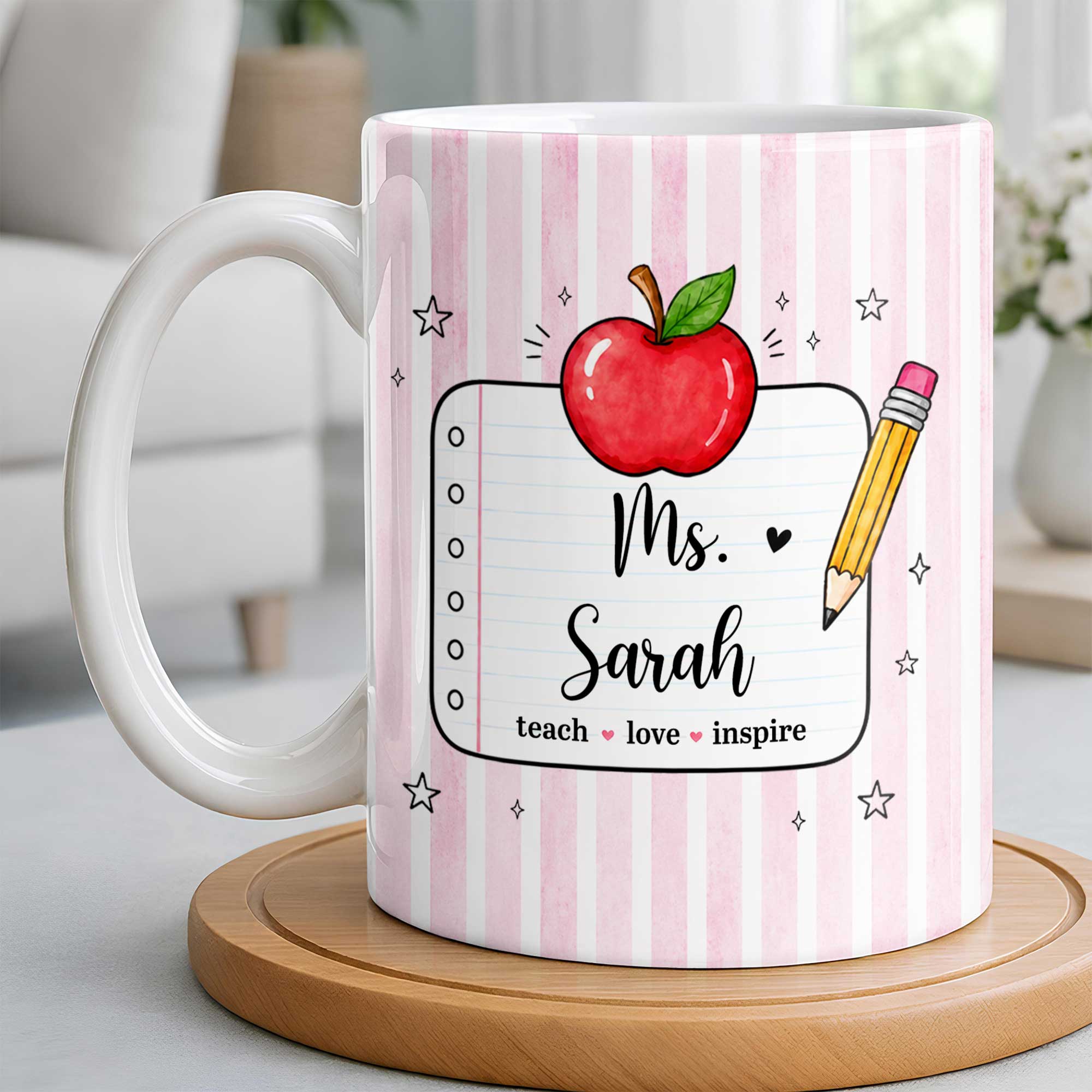 Personalized Teacher Coffee Mug Red Apple Pencil Custom Gift Edge-to-edge Mug GradoCreations