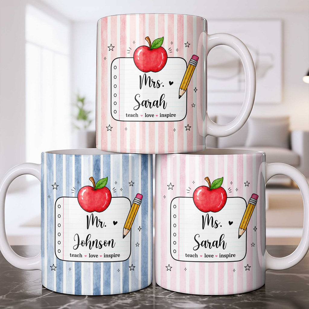 Personalized Teacher Coffee Mug Red Apple Pencil Custom Gift Edge-to-edge Mug GradoCreations