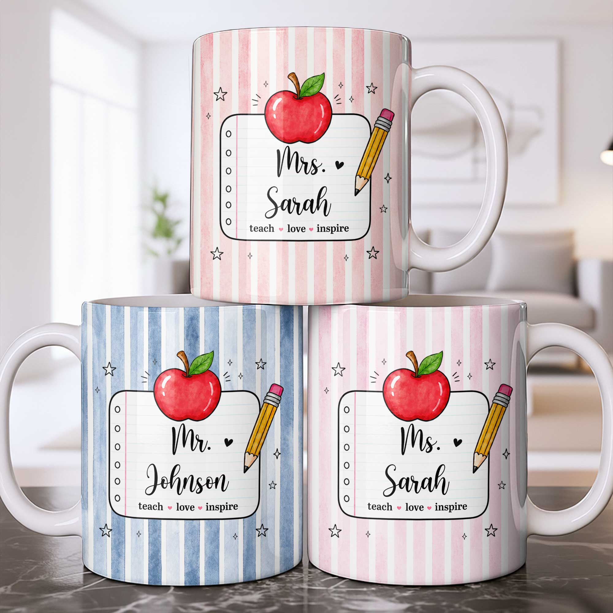 Personalized Teacher Coffee Mug Red Apple Pencil Custom Gift Edge-to-edge Mug GradoCreations