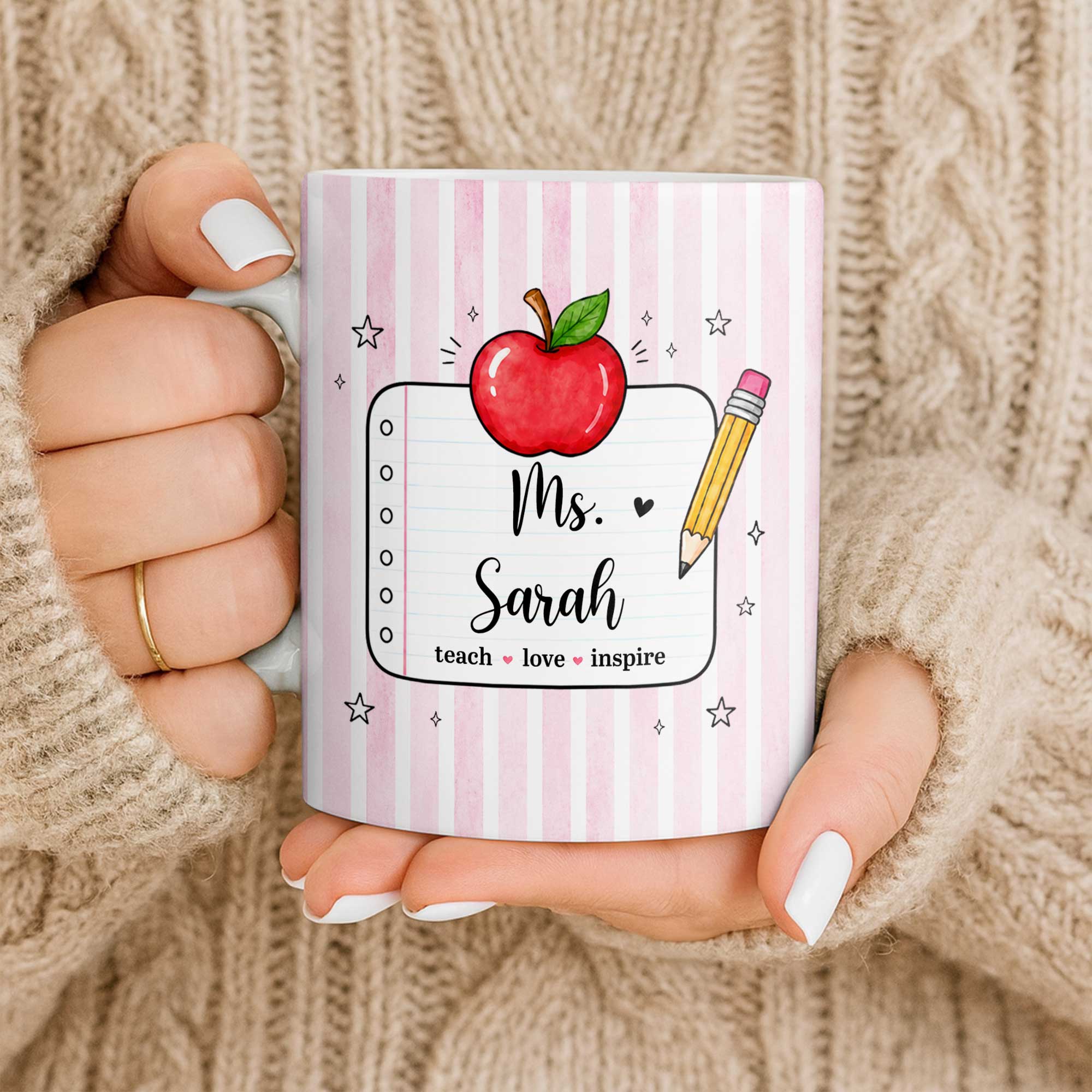 Personalized Teacher Coffee Mug Red Apple Pencil Custom Gift Edge-to-edge Mug GradoCreations