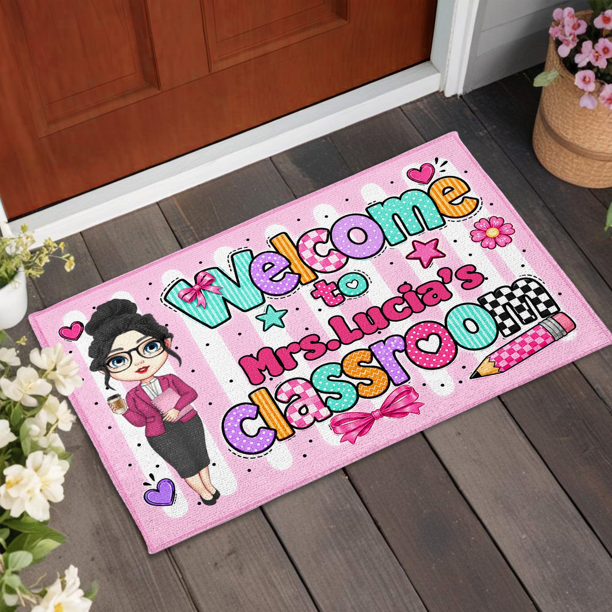 Personalized Doormat Teacher Character Custom Name Gift