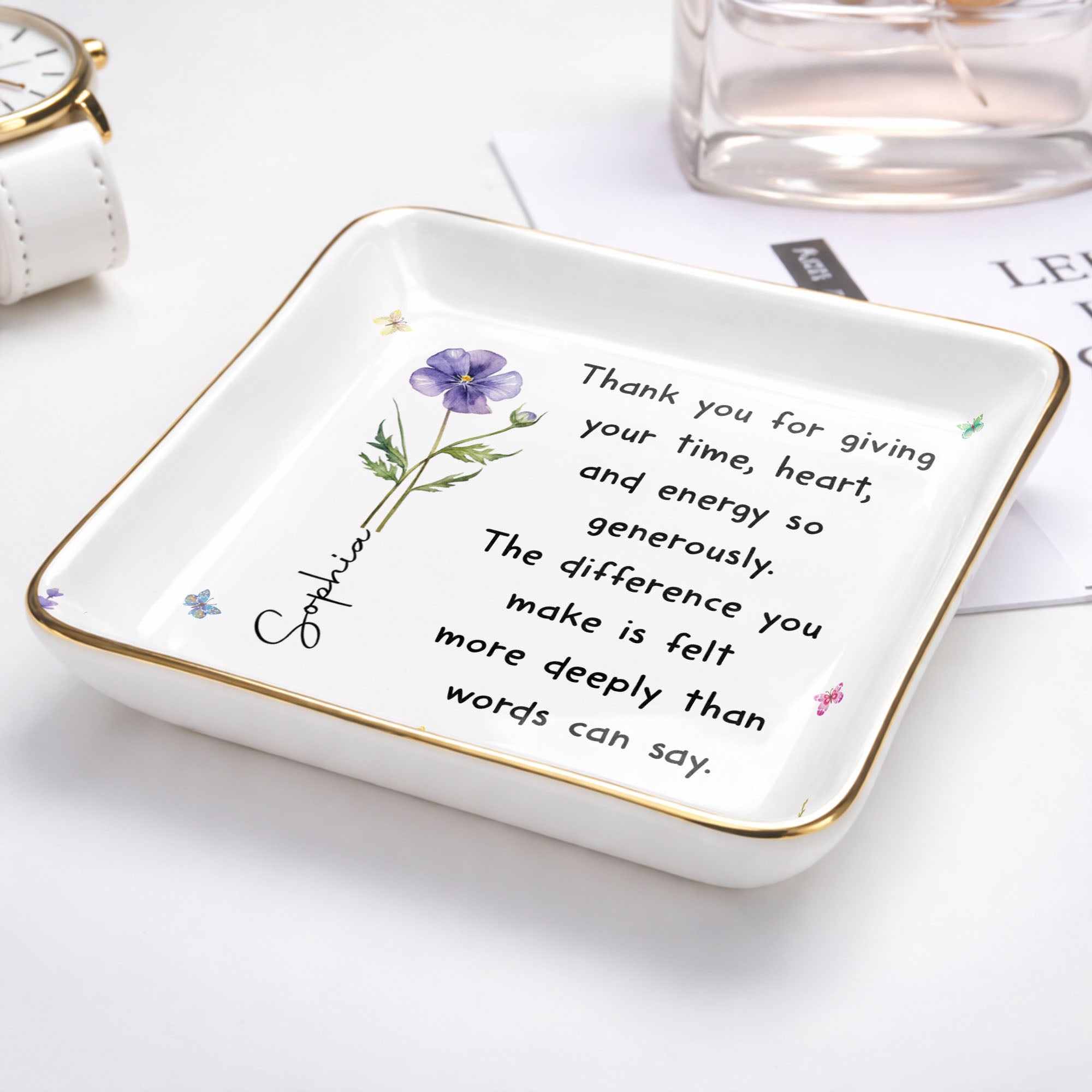 Personalized Custom Jewelry Dish with Birth Month Flower Gift for Teacher Jewelry Dish GradoCreations