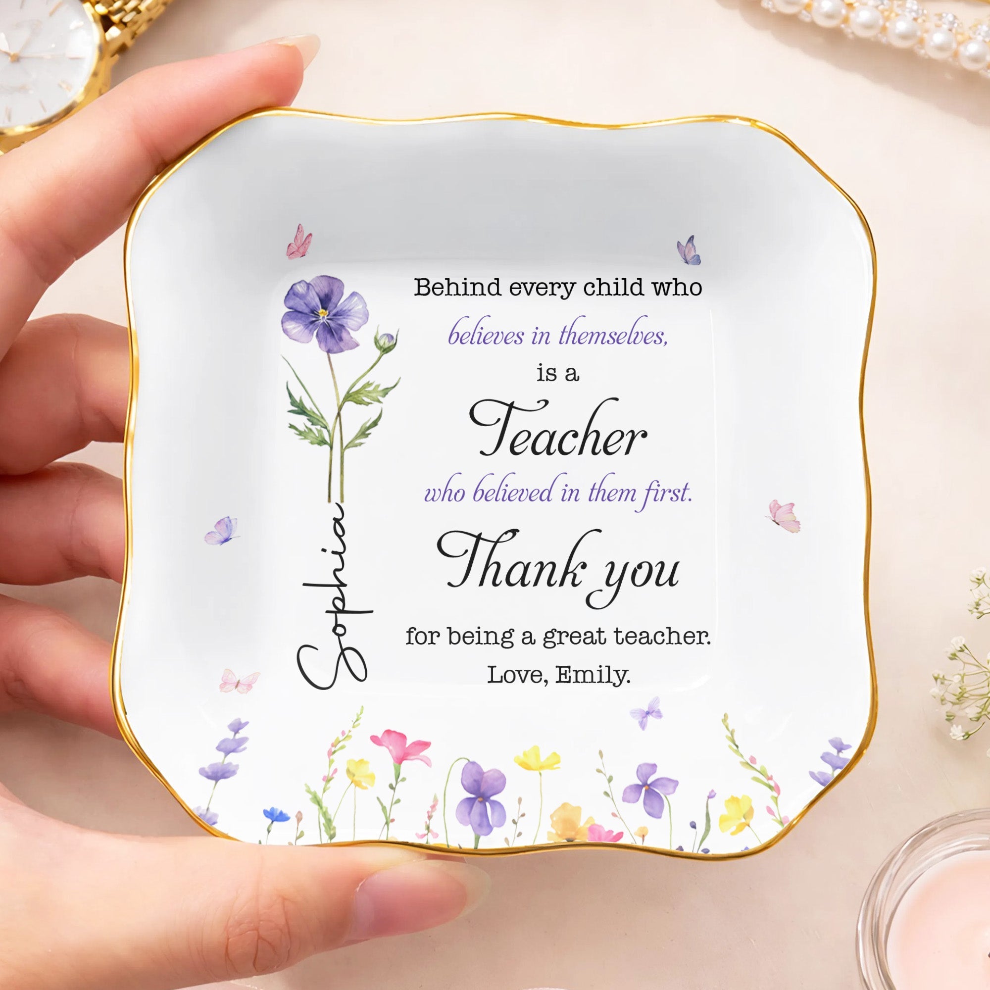 Personalized Lace Square Jewelry Dish Custom Teacher Gift Lace Square Jewelry Dish GradoCreations