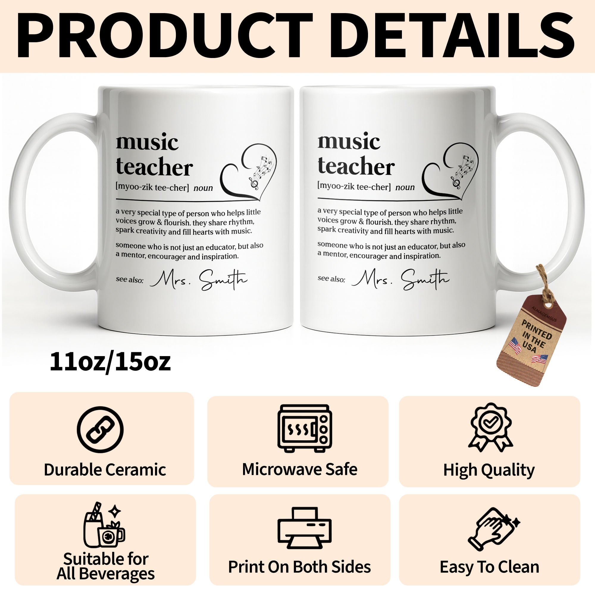 Personalized Music Teacher Coffee Mug Custom Name Gift Edge-to-edge Mug GradoCreations