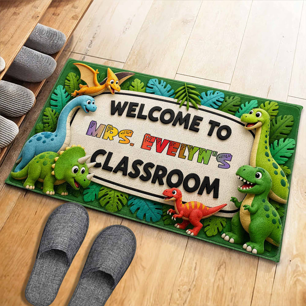Personalized Classroom Doormat Custom Name Colorful Dinosaurs