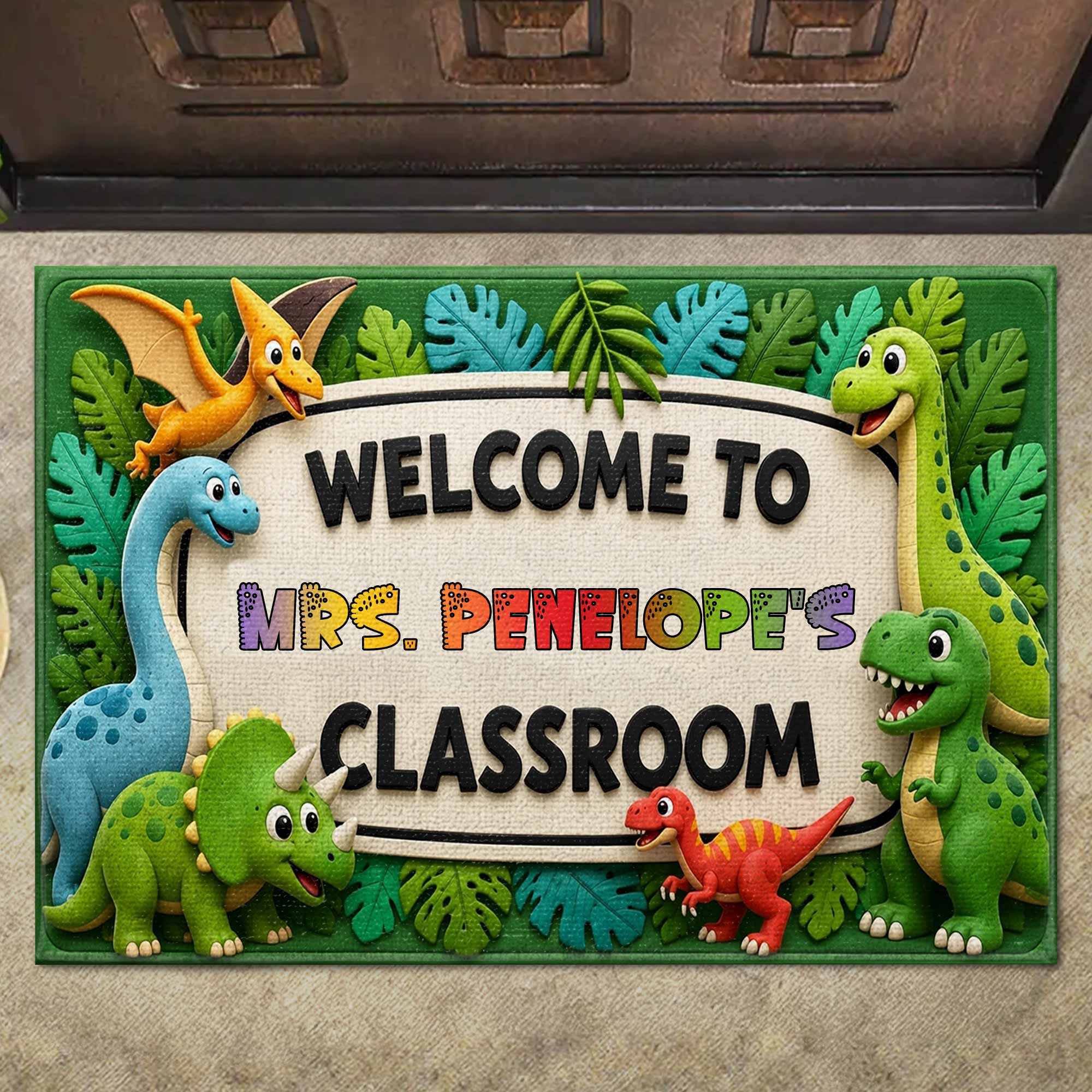 Personalized Classroom Doormat Custom Name Colorful Dinosaurs