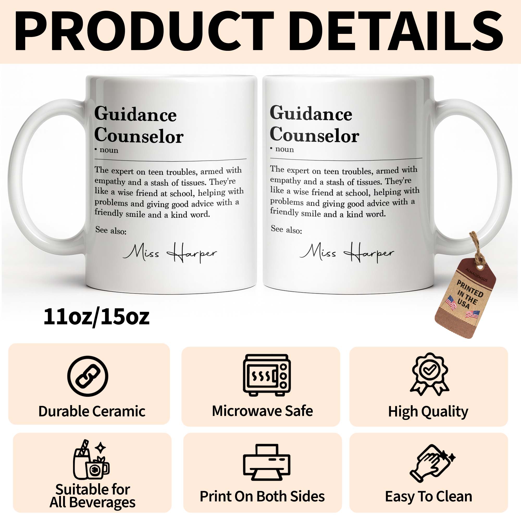 Personalized Guidance Counselor Coffee Mug Gift for Teacher Edge-to-edge Mug GradoCreations