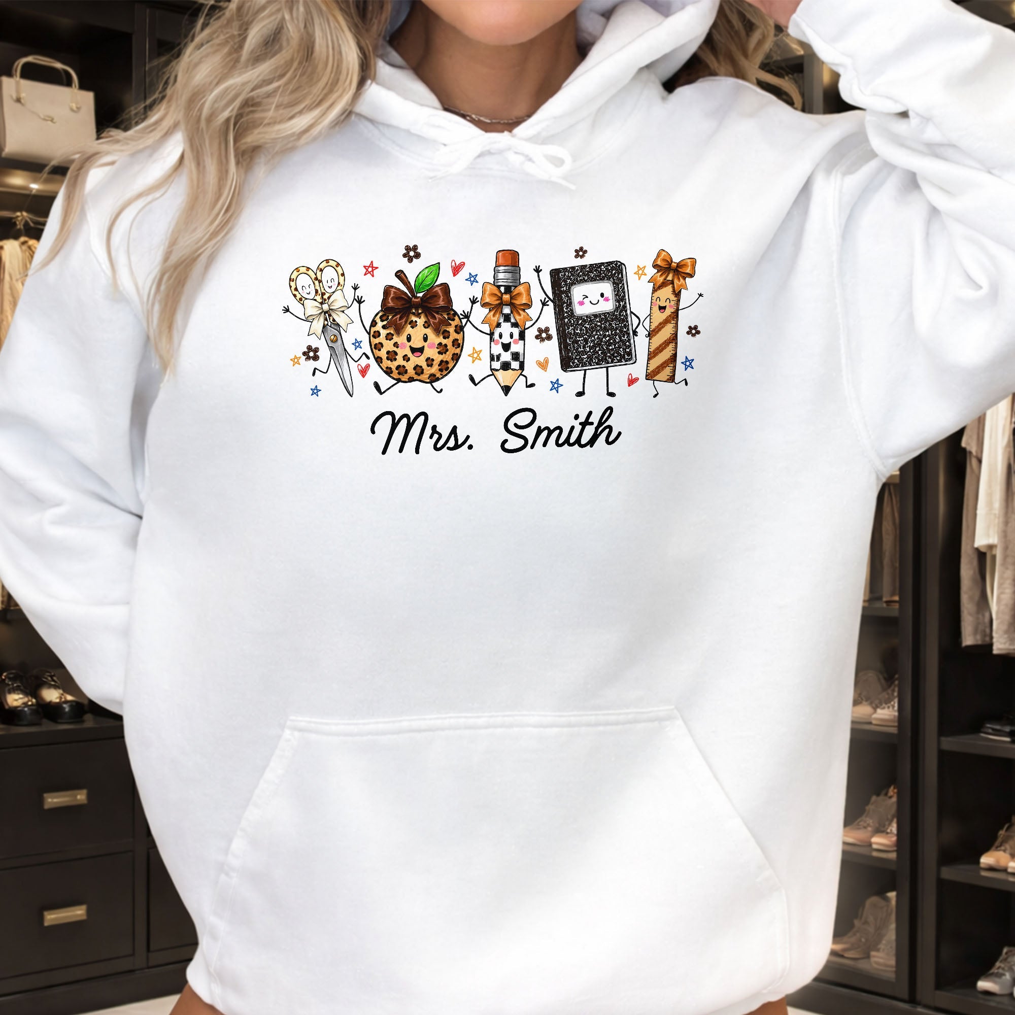 Personalized Teacher T-Shirt Hoodie with Leopard Apple Design Shirt GradoCreations