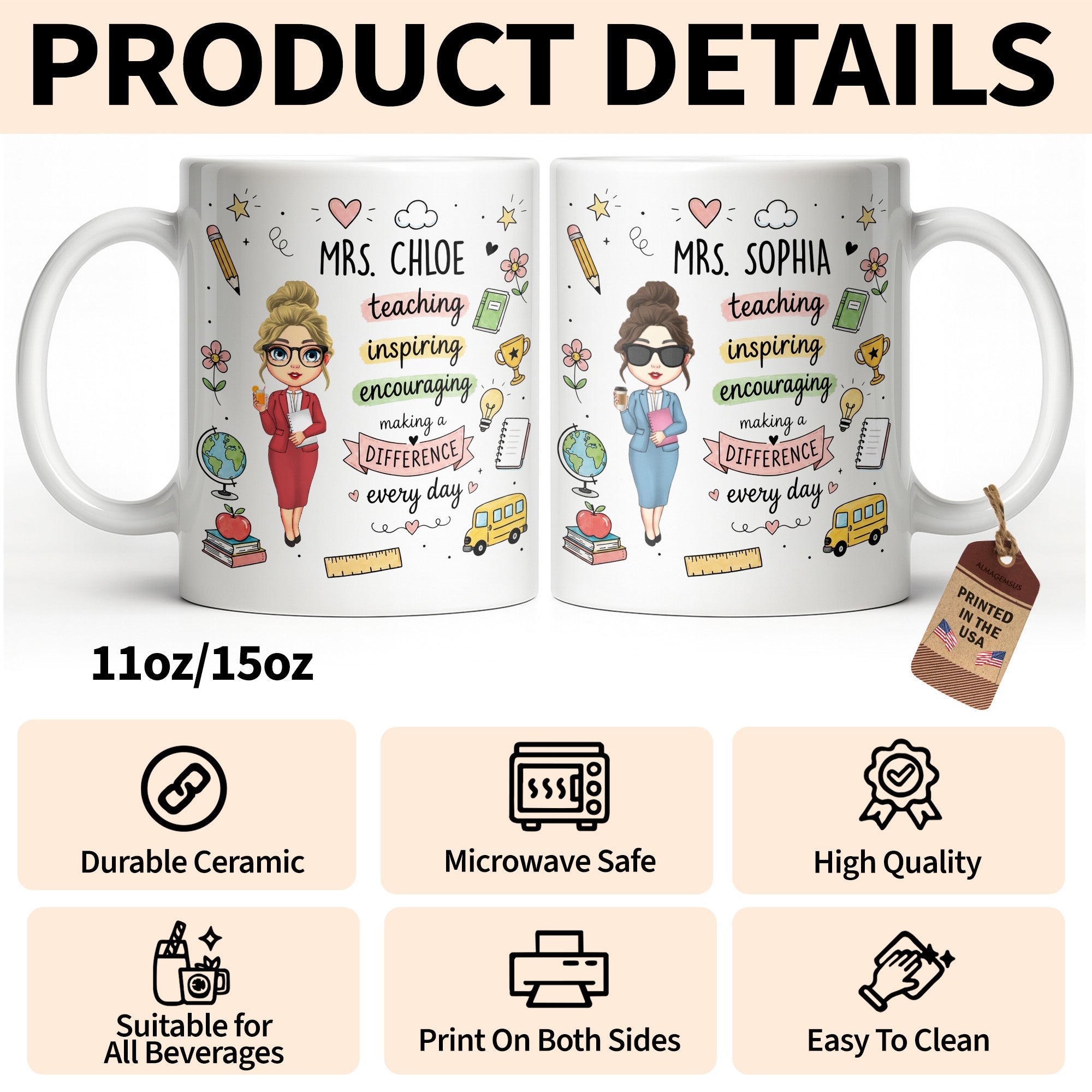 Personalized Teacher Coffee Mug Custom Name Gift for Educators Edge-to-edge Mug GradoCreations