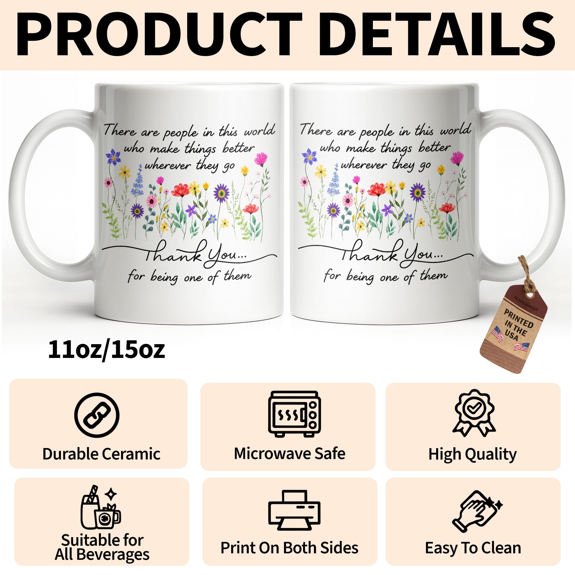 Personalized Floral Thank You Coffee Mug Custom Gift for Teacher Edge-to-edge Mug GradoCreations