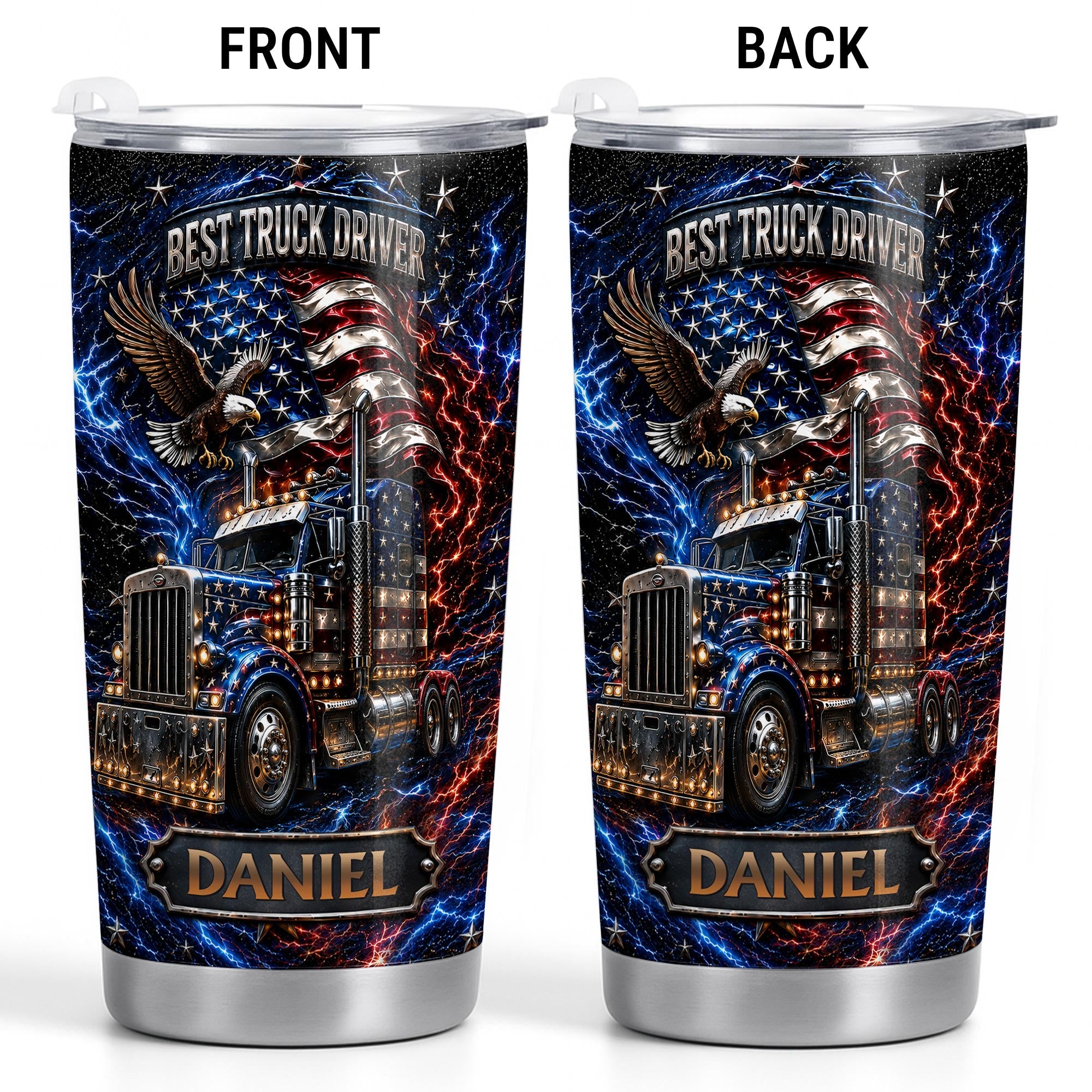 Personalized 20oz Stainless Steel Tumbler for Truck Driver Gift - American Flag & Eagle Design 20oz Tumbler GradoCreations