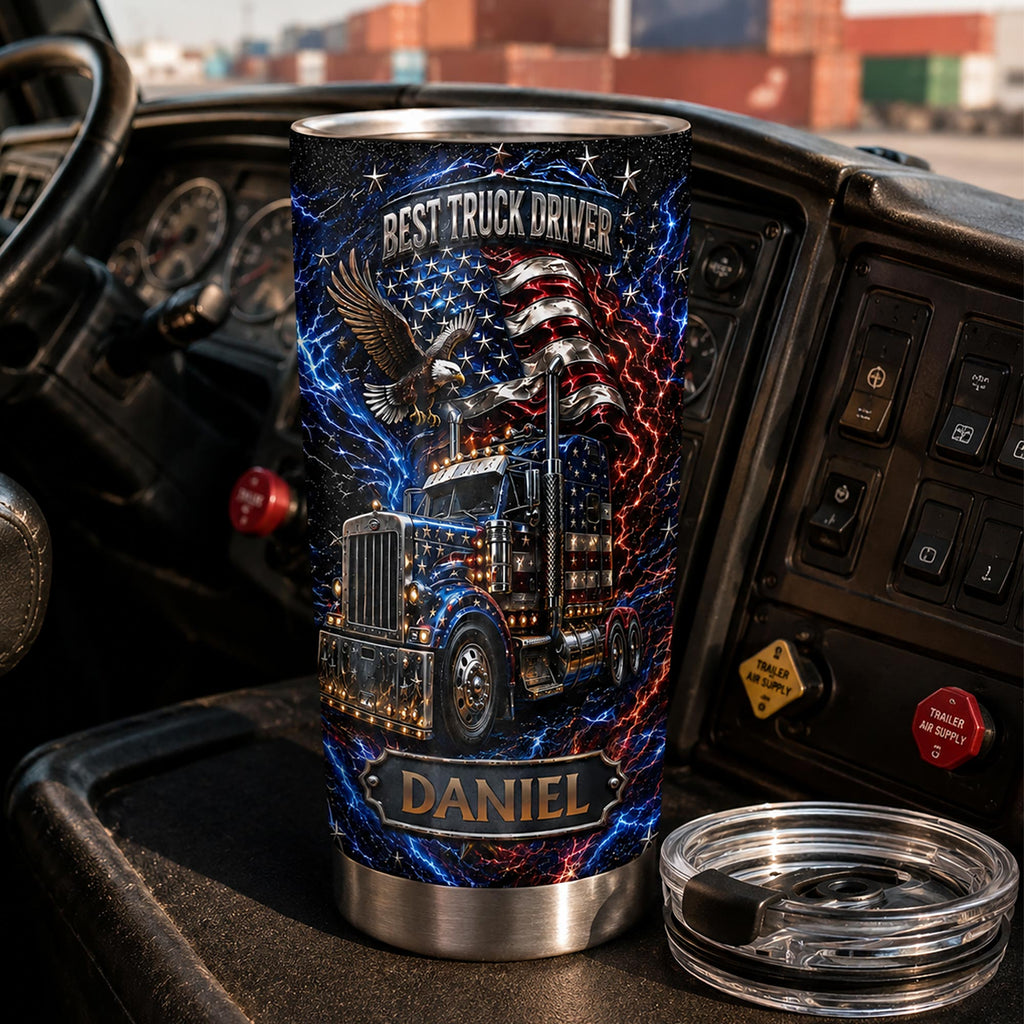Personalized 20oz Stainless Steel Tumbler for Truck Driver Gift - American Flag & Eagle Design 20oz Tumbler GradoCreations