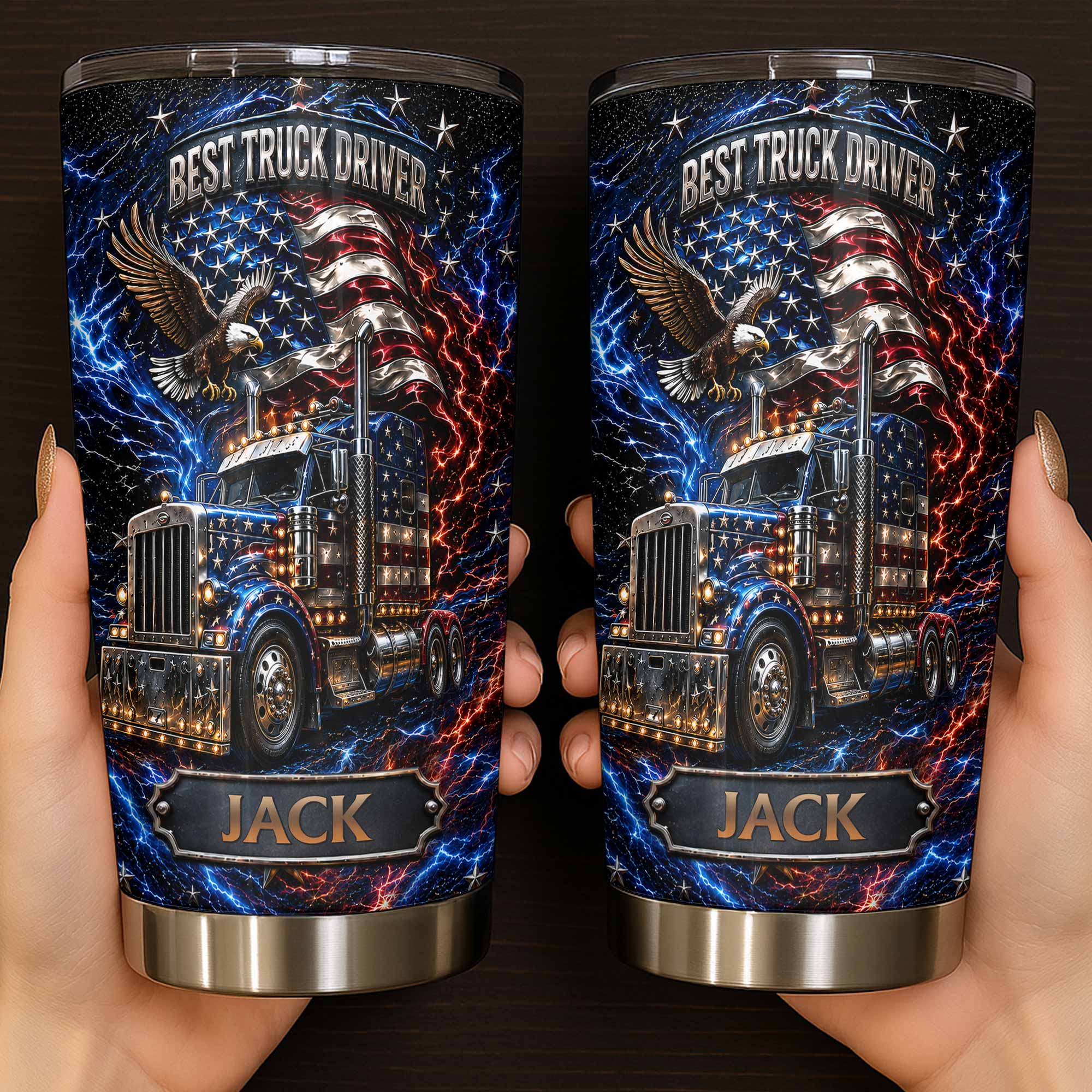 Personalized 20oz Stainless Steel Tumbler for Truck Driver Gift - American Flag & Eagle Design 20oz Tumbler GradoCreations