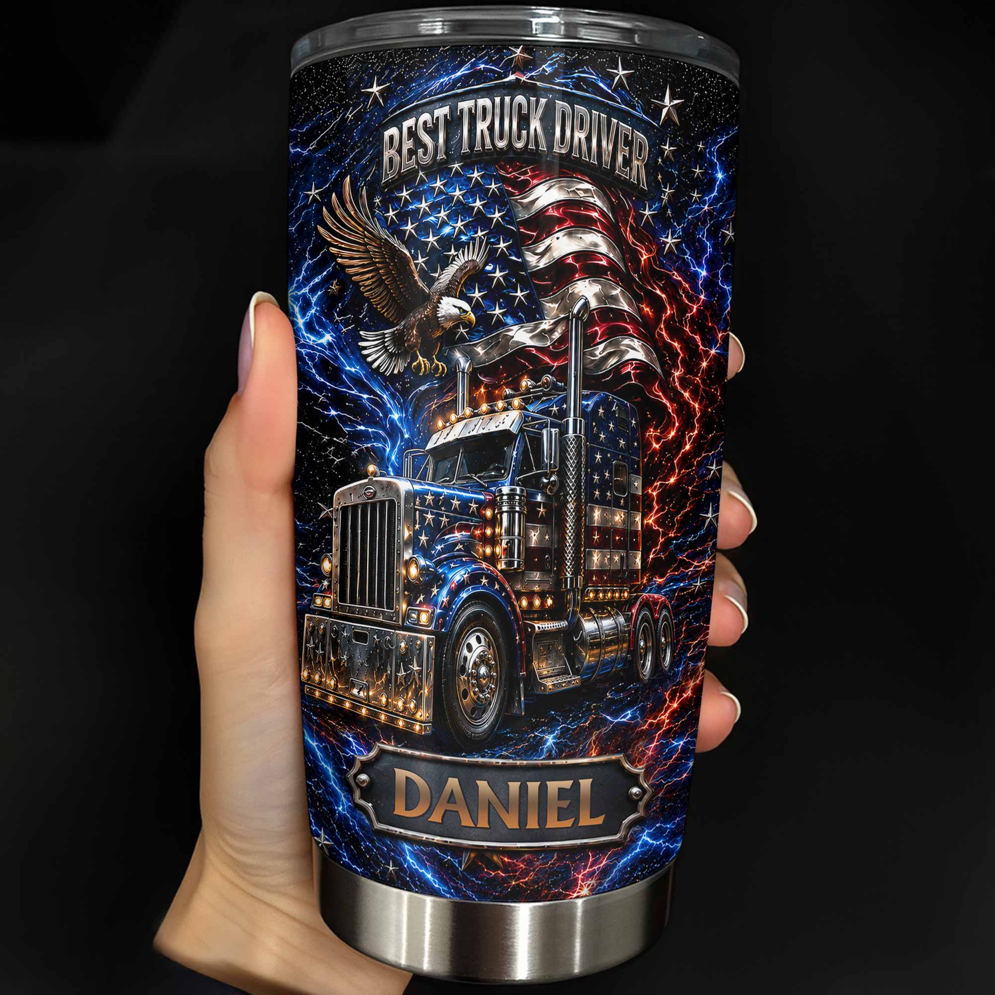 Personalized 20oz Stainless Steel Tumbler for Truck Driver Gift - American Flag & Eagle Design 20oz Tumbler GradoCreations