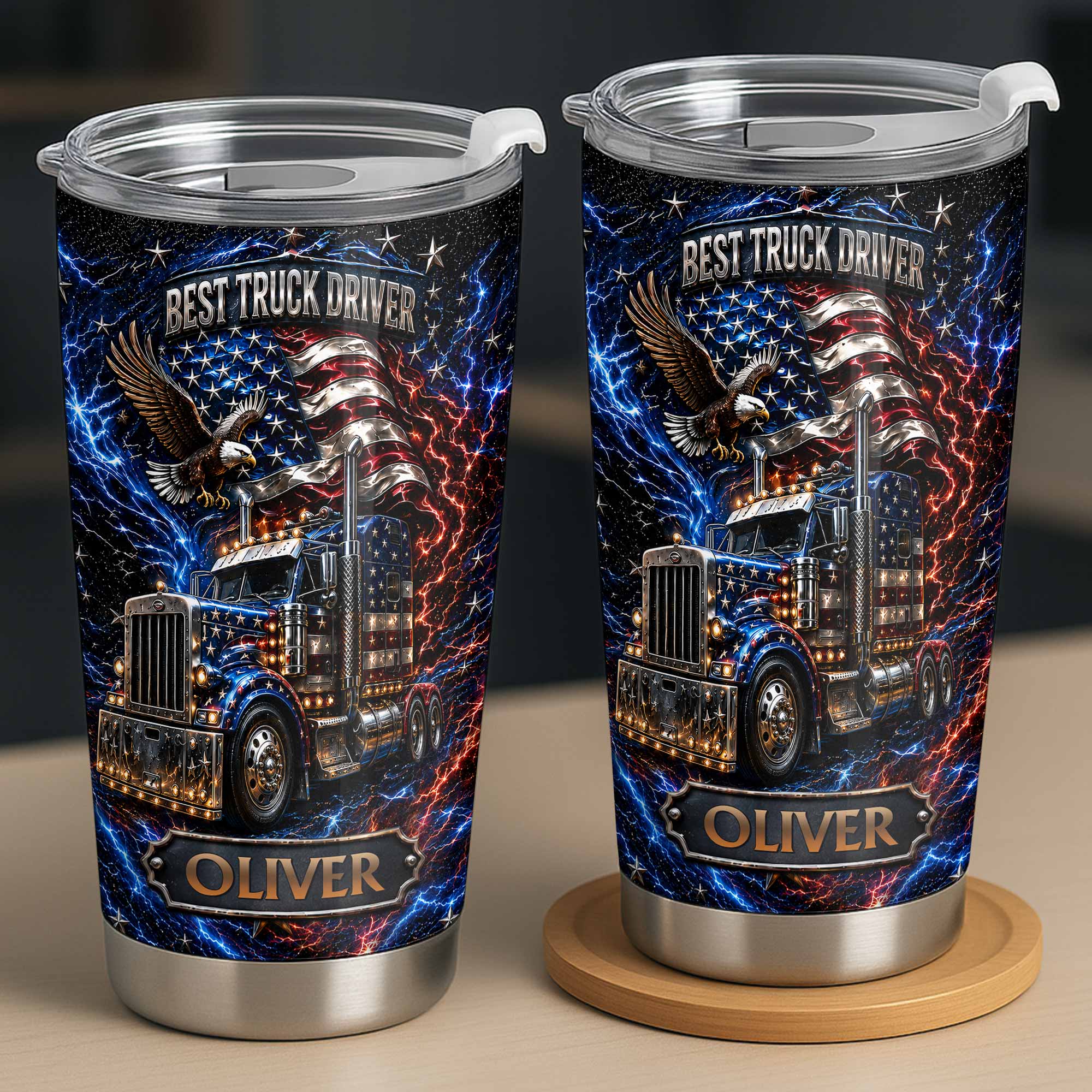 Personalized 20oz Stainless Steel Tumbler for Truck Driver Gift - American Flag & Eagle Design 20oz Tumbler GradoCreations
