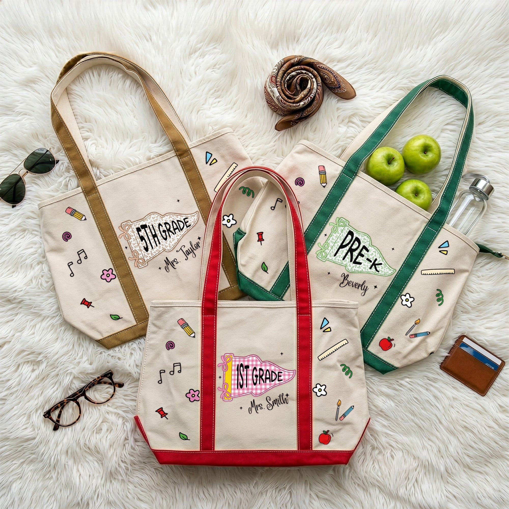 Personalized Embroidery Tote Bag with School Doodles for Teachers and Students